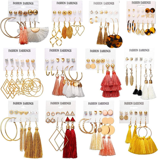 26/60/75 Pairs Fashion Earrings with Leopard Hoop Stud Jacket Earrings,Tassel Dangling Earrings for Women Girls Jewelry Valentine Birthday Party Gift 75pairs