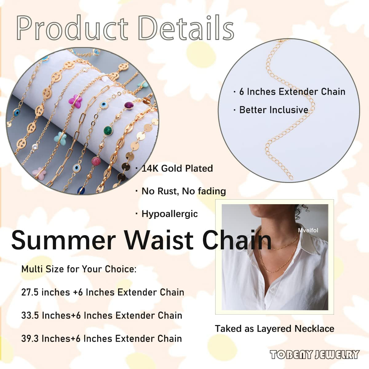 TOBENY 27.5/33.5/40 Inches Waist Belly Chains for the Waist for Women 14K Gold Plated Belly Chains for Women plus Size Body Chain for Women Teens Apparel & Accessories > Jewelry > Body Jewelry TOBENY