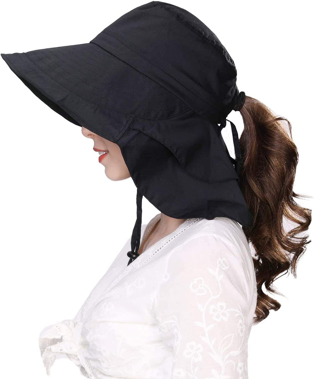 Comhats Womens Summer Flap Cover Cap Cotton UPF 50+ Sun Shade Hat with Neck Cord Apparel & Accessories > Clothing Accessories > Hats Comhats 69085#black Large