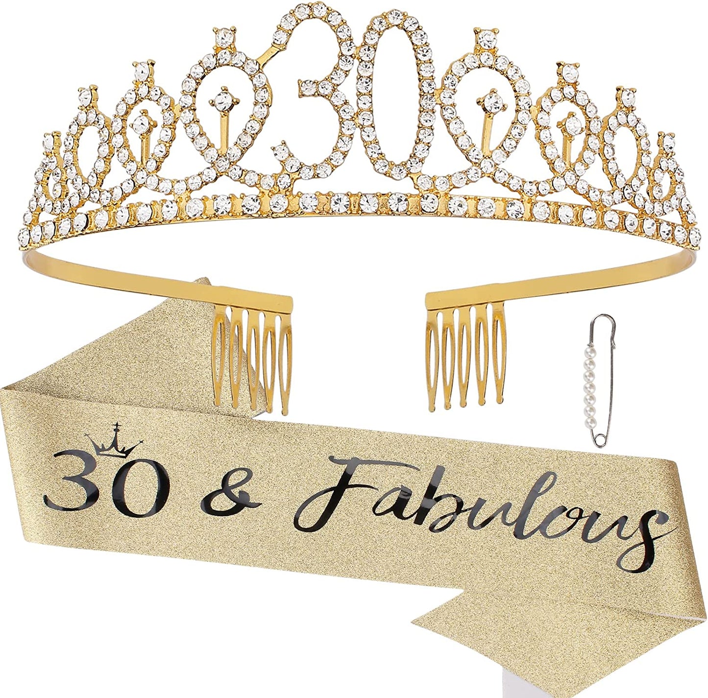 CAVETEE Rose Gold 30 & Fabulous Birthday Sash and Crown 30Th Birthday Tiaras and Sash Set for Women Birthday Decorations Birthday Queen Crowns Tiaras for Women Apparel & Accessories > Clothing Accessories > Sashes CAVETEE Gold