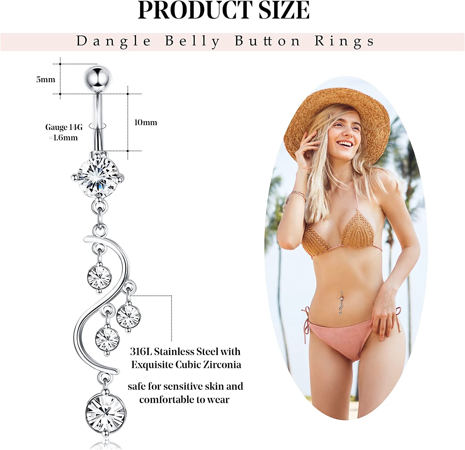 CASSIECA 14G Belly Button Rings Dangle for Women 316L Stainless Steel Snake Heart Shiny CZ Butterfly Navel Belly Rings Barbell Body Piercing Jewelry Apparel & Accessories > Jewelry > Body Jewelry CASSIECA