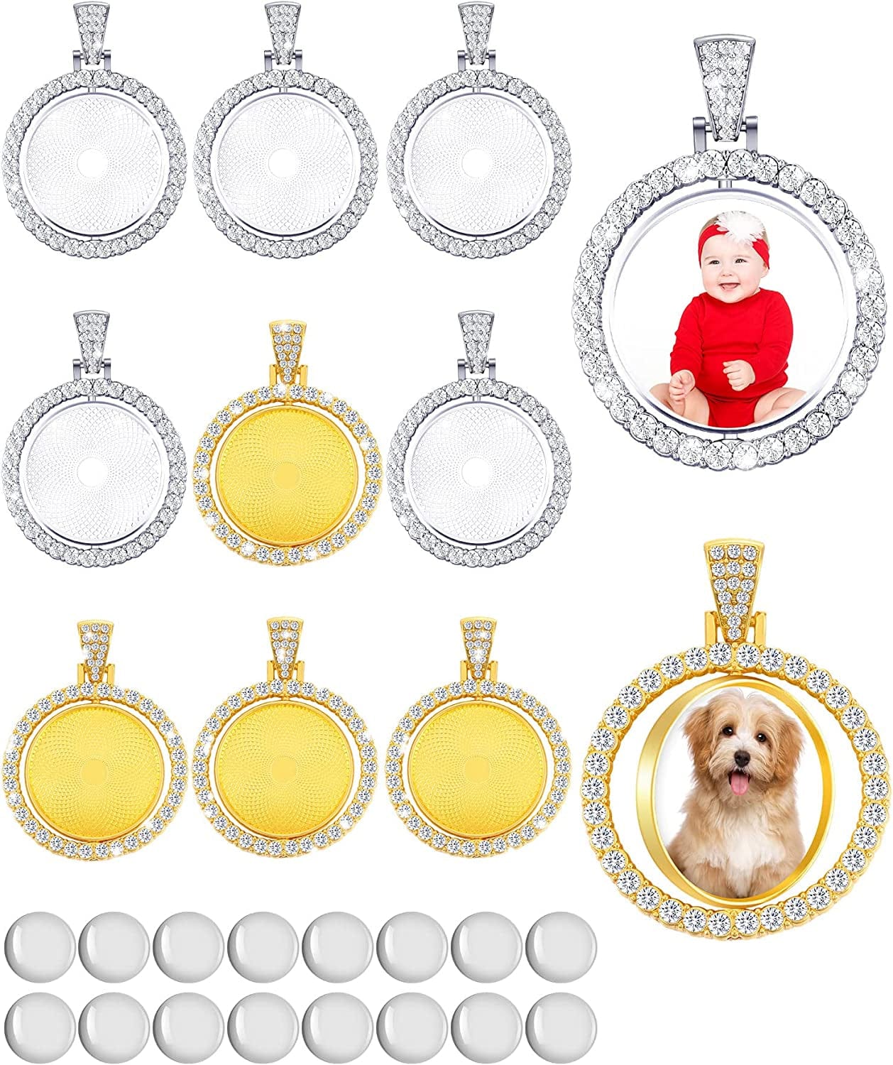 27 Pieces Rhinestone Pendant Trays Set Including 9 Pieces Double-Sided Blank Pendant Trays 1 Inch Bezel Pendant Trays round Pendant Charms with 18 Transparent Glass Cabochons (Silver) Silver, Gold