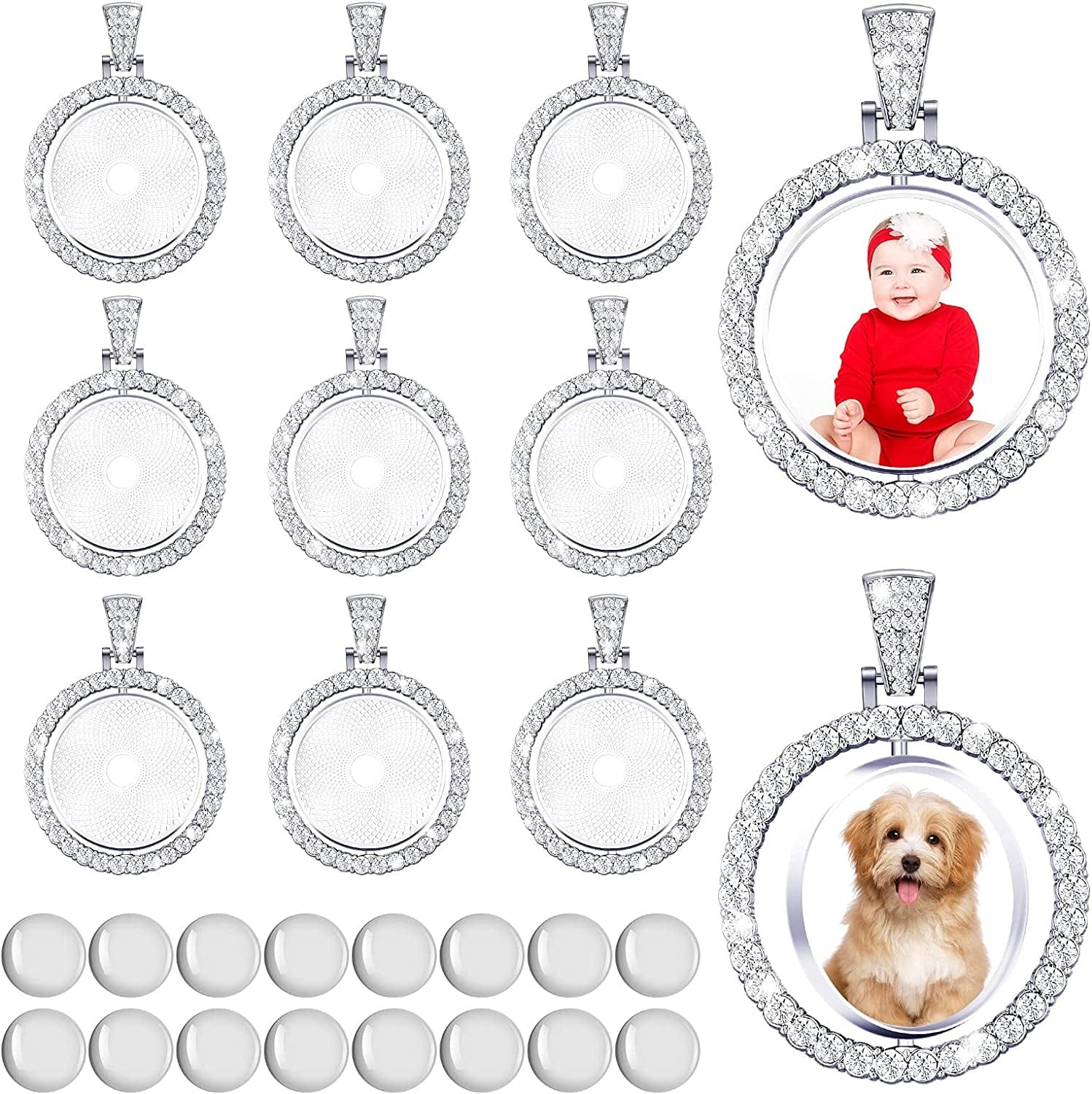 27 Pieces Rhinestone Pendant Trays Set Including 9 Pieces Double-Sided Blank Pendant Trays 1 Inch Bezel Pendant Trays round Pendant Charms with 18 Transparent Glass Cabochons (Silver) Silver