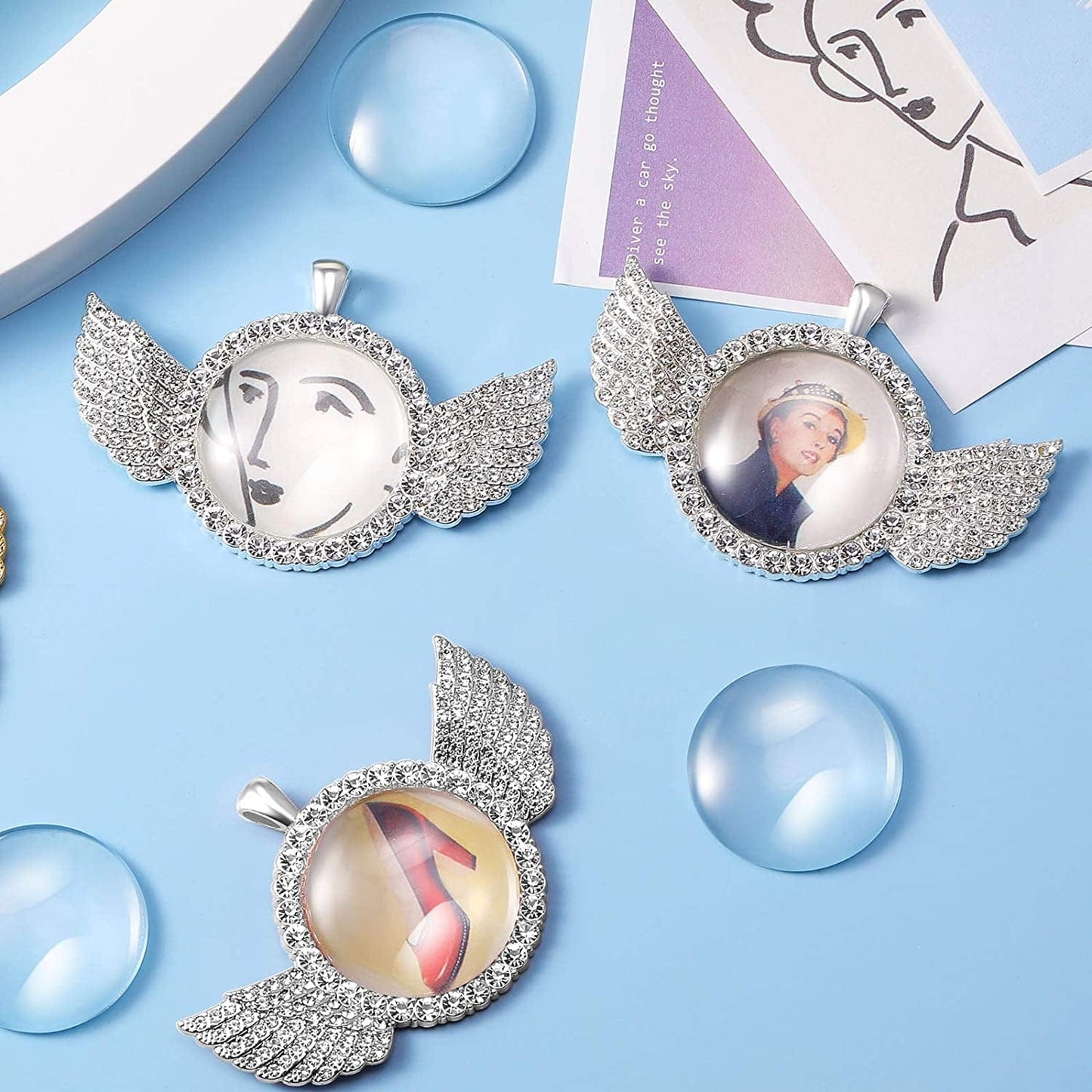 27 Pieces Rhinestone Wing Bezel Pendant Trays and Glass Cabochons and Lobster Clasps Chains Rhinestone Bezel Pendant Trays Set for DIY Jewelry Crafts Making Supplies