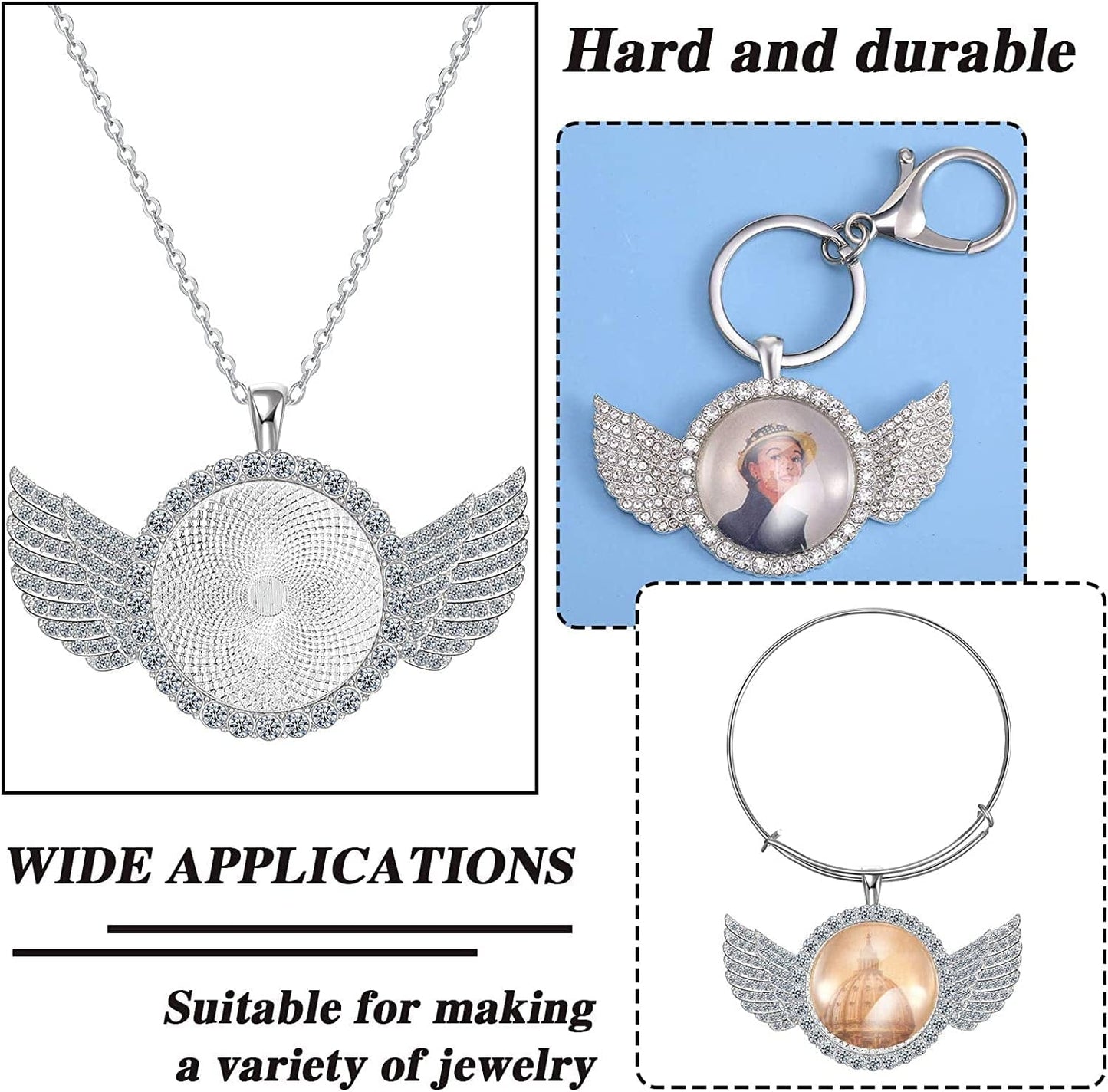 27 Pieces Rhinestone Wing Bezel Pendant Trays and Glass Cabochons and Lobster Clasps Chains Rhinestone Bezel Pendant Trays Set for DIY Jewelry Crafts Making Supplies