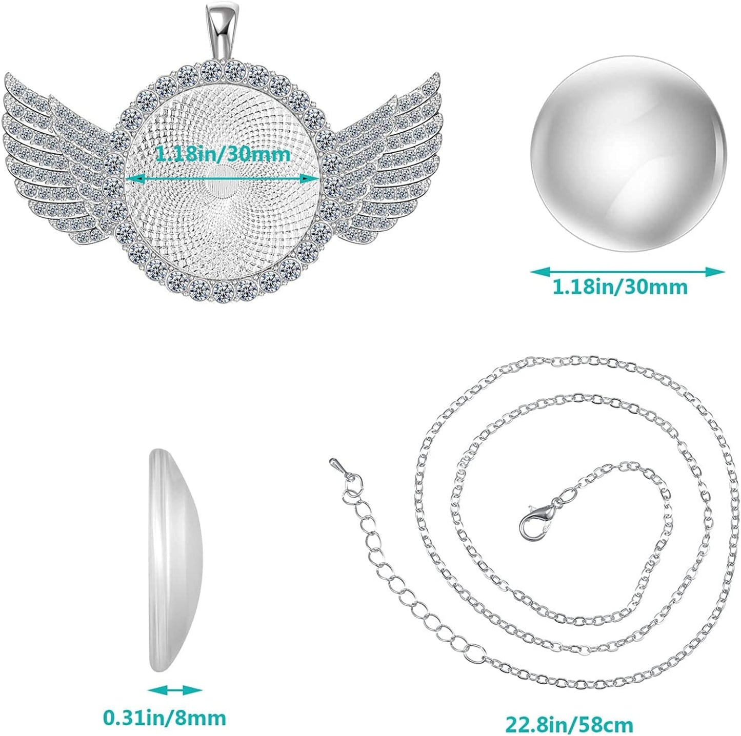 27 Pieces Rhinestone Wing Bezel Pendant Trays and Glass Cabochons and Lobster Clasps Chains Rhinestone Bezel Pendant Trays Set for DIY Jewelry Crafts Making Supplies