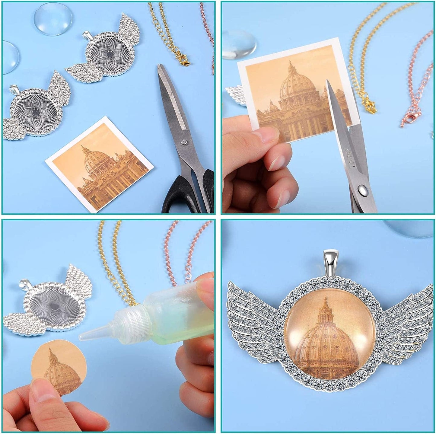 27 Pieces Rhinestone Wing Bezel Pendant Trays and Glass Cabochons and Lobster Clasps Chains Rhinestone Bezel Pendant Trays Set for DIY Jewelry Crafts Making Supplies