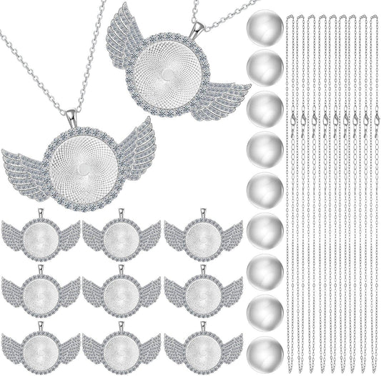 27 Pieces Rhinestone Wing Bezel Pendant Trays and Glass Cabochons and Lobster Clasps Chains Rhinestone Bezel Pendant Trays Set for DIY Jewelry Crafts Making Supplies Silver