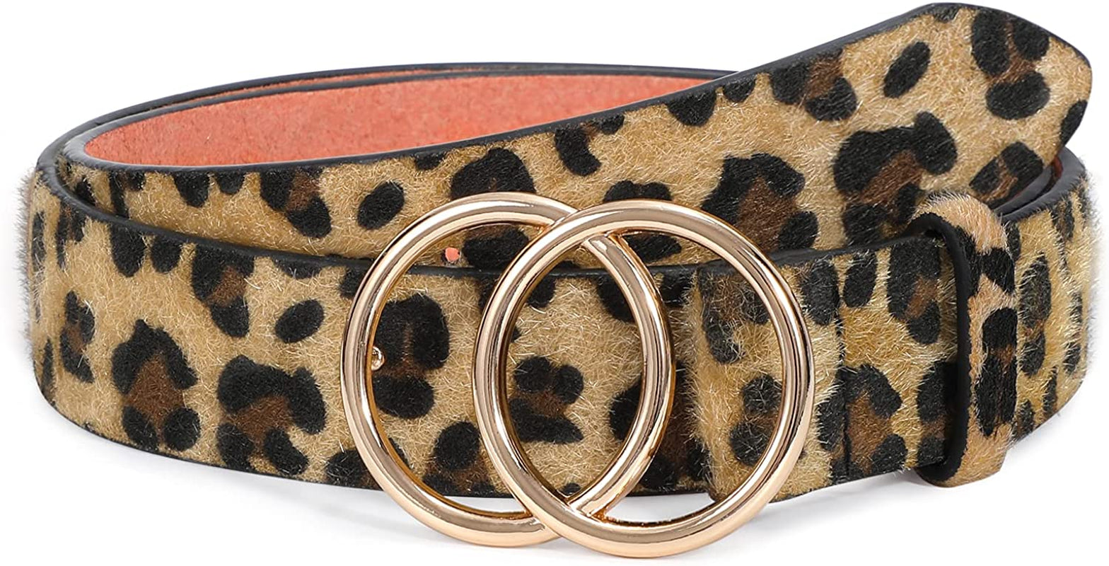 Women Leather Belt Fashion Double O-Ring Soft Faux Leather Waist Belts for Jeans Dress Apparel & Accessories > Clothing Accessories > Belts SUOSDEY C-leopard Print/Gold Fixed Buckle XXXL: 51''-54'' Waist Size