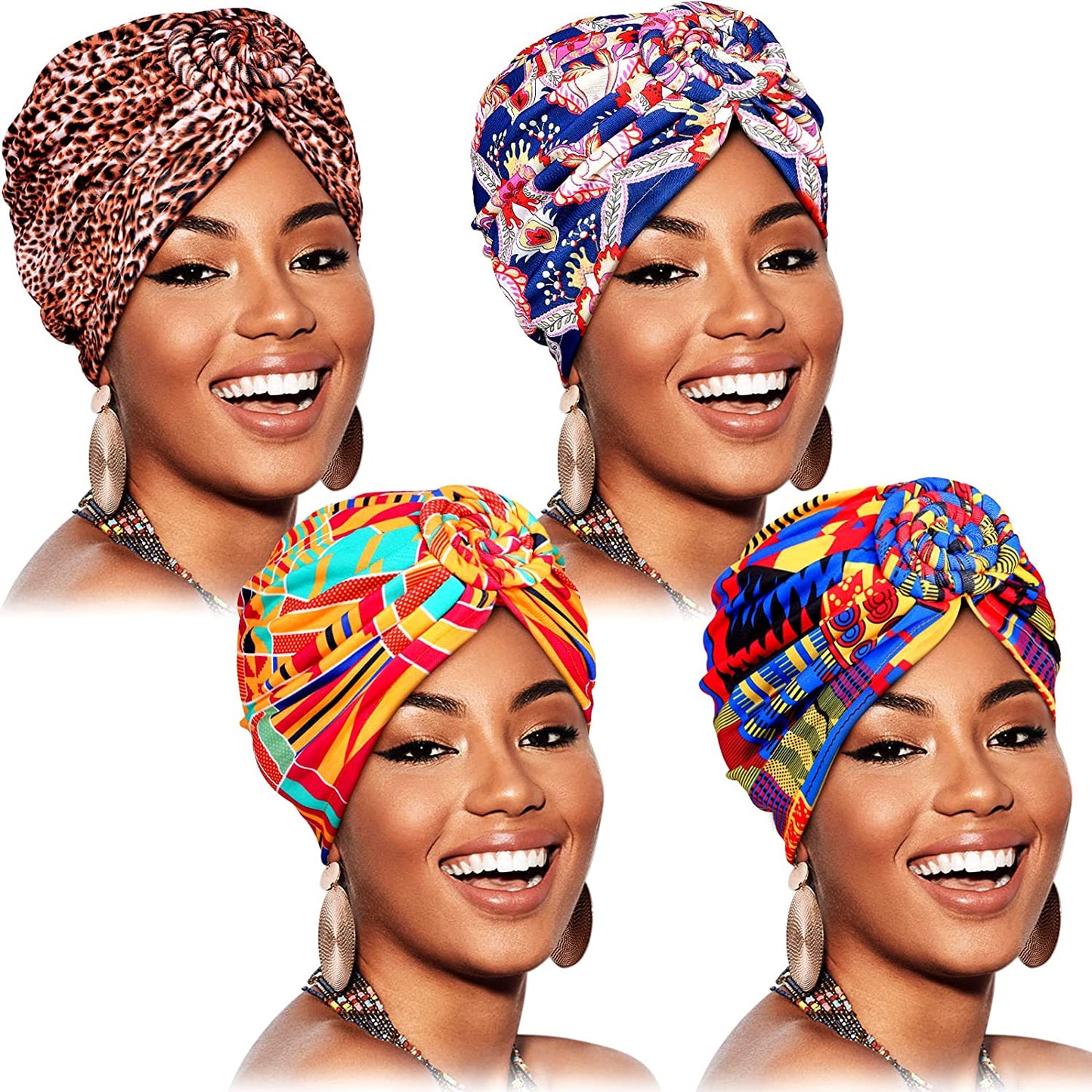 SATINIOR 4 Pieces African Pattern Headwrap Pre-Tied Bonnet Turban Knot Beanie Cap Headwrap Hat Apparel & Accessories > Clothing Accessories > Headwear SATINIOR Cool Style