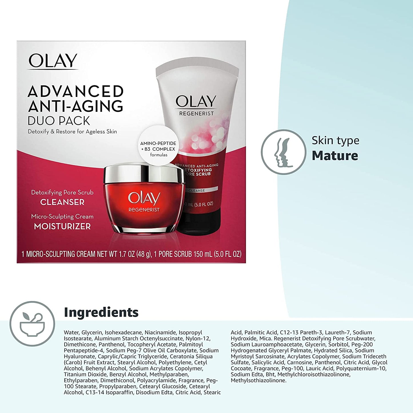 Face Wash by Olay Regenerist Advanced Anti-Aging Pore Scrub Cleanser (5.0 Oz) and Micro-Sculpting Face Moisturizer Cream (1.7 Oz) Skin Care Duo Pack, Total 6.7 Ounces Packaging May Vary Health & Beauty > Personal Care > Cosmetics > Cosmetic Tools > Skin Care Tools Olay