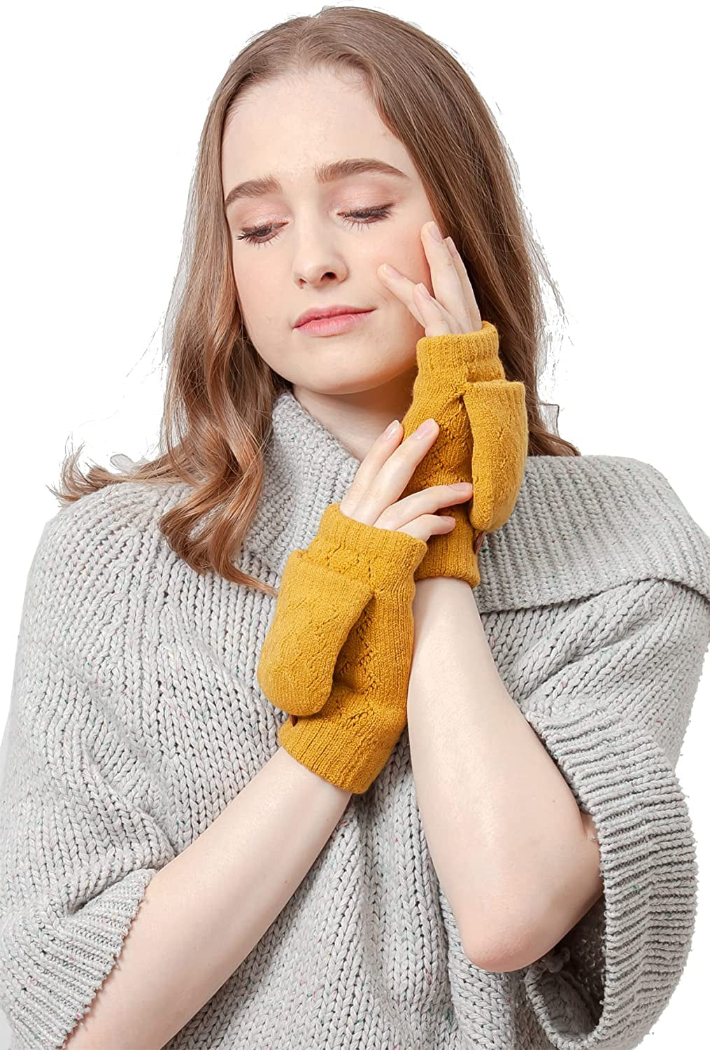 BYOS Women'S Winter Cozy Diamond Pattern Fleece Lined Flip Top Convertible Knit Gloves Mittens Apparel & Accessories > Clothing Accessories > Gloves & Mittens Be Your Own Style Mustard Yellow