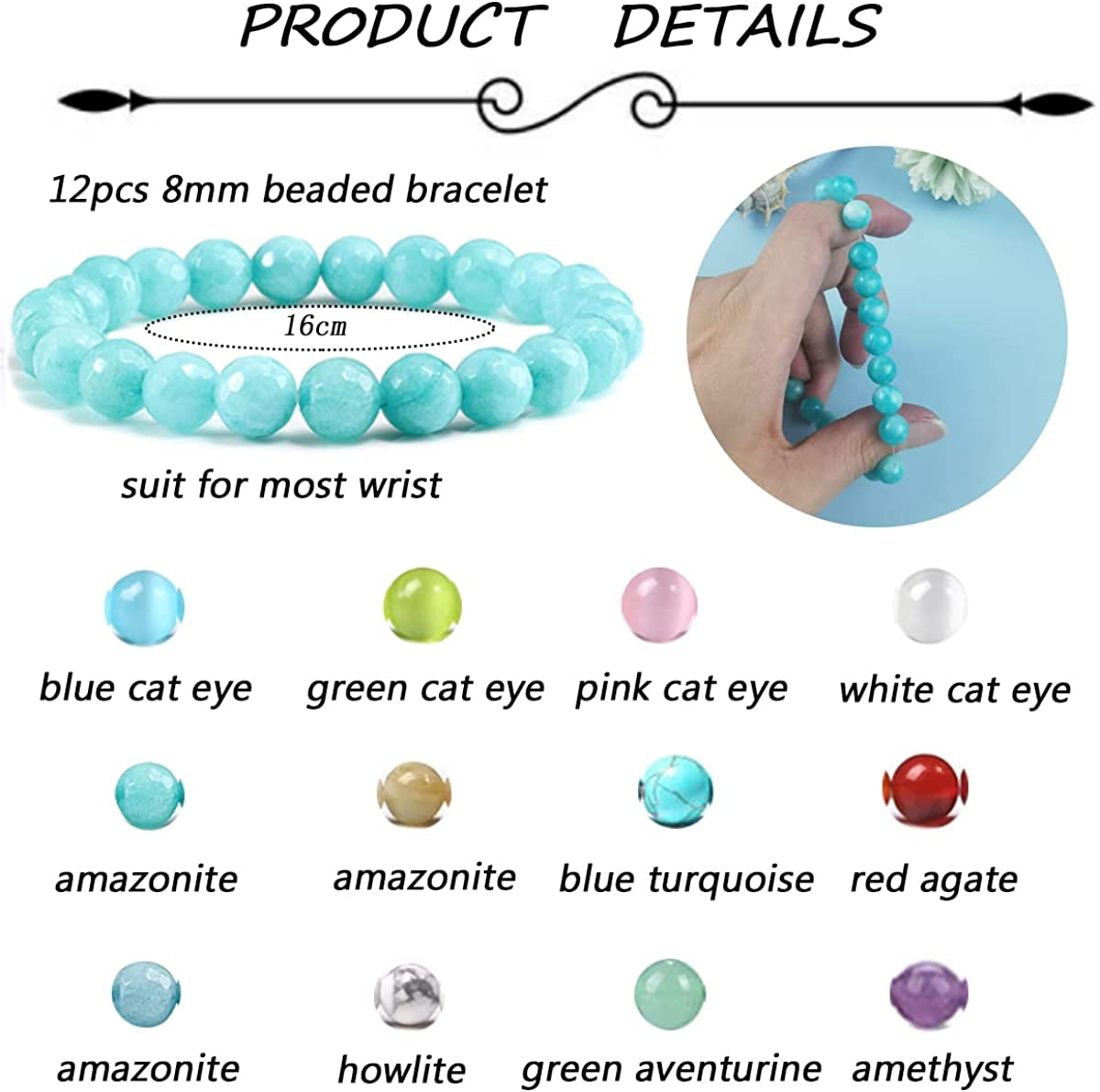 FINZOR 12 Pcs 8Mm Gemstones Beaded Bracelets for Women Men Stone Bead Healing Stretch round Bead Crystal Semi-Precious Bracelets Unisex Apparel & Accessories > Jewelry > Bracelets FINZOR