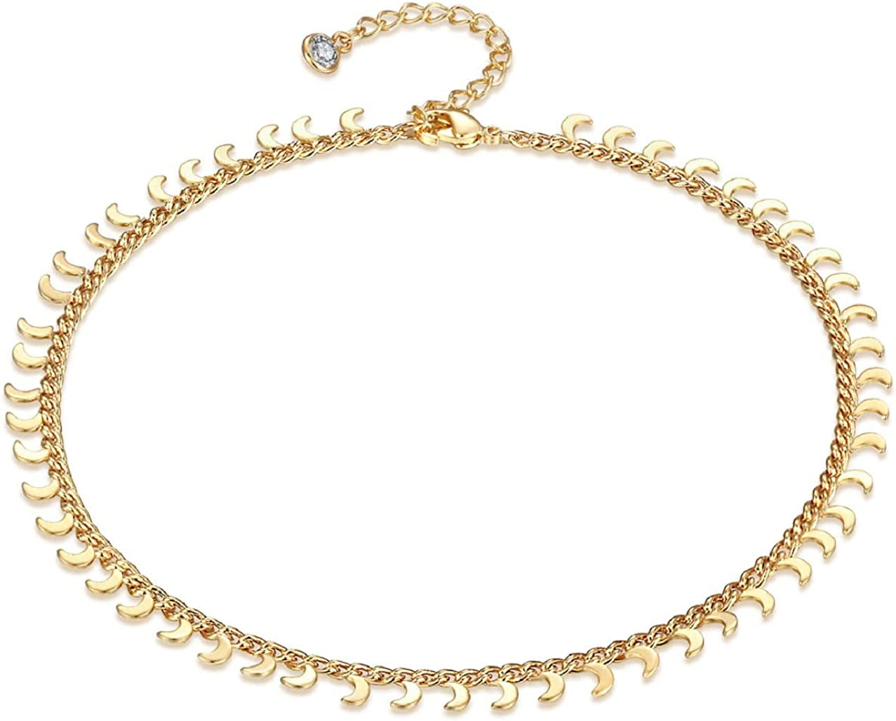 LOYATA Dainty Ankle Bracelet,14K Gold Plated Tiny Bead Anklet Dainty White Cubic Zirconia Cross Tassel Foot Chain Cute Lucky Moon Evil Eye Foot Jewelry Boho Anklets for Women Apparel & Accessories > Jewelry > Anklets LOYATA Moon