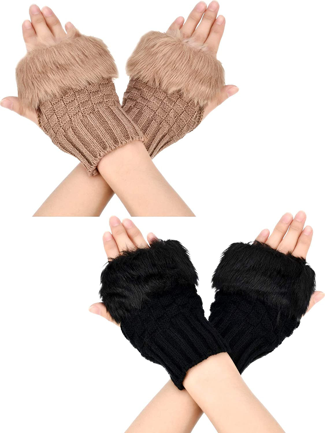 Boao 2 Pairs Fingerless Winter Gloves Short Touchscreen Gloves Thumb Hole Mittens Knitted Warm Gloves with Faux Fur Apparel & Accessories > Clothing Accessories > Gloves & Mittens Boao Black and Camel