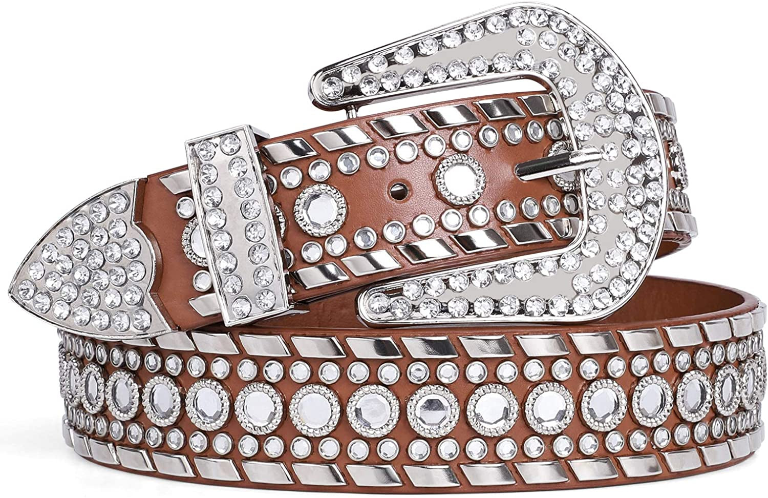 Rhinestone Belt for Men Women SUOSDEY Western Cowboy Cowgirl Bling Studded Leather Belt for Jeans Pants Apparel & Accessories > Clothing Accessories > Belts SUOSDEY 04-brown S: fits pants size 28”-32”