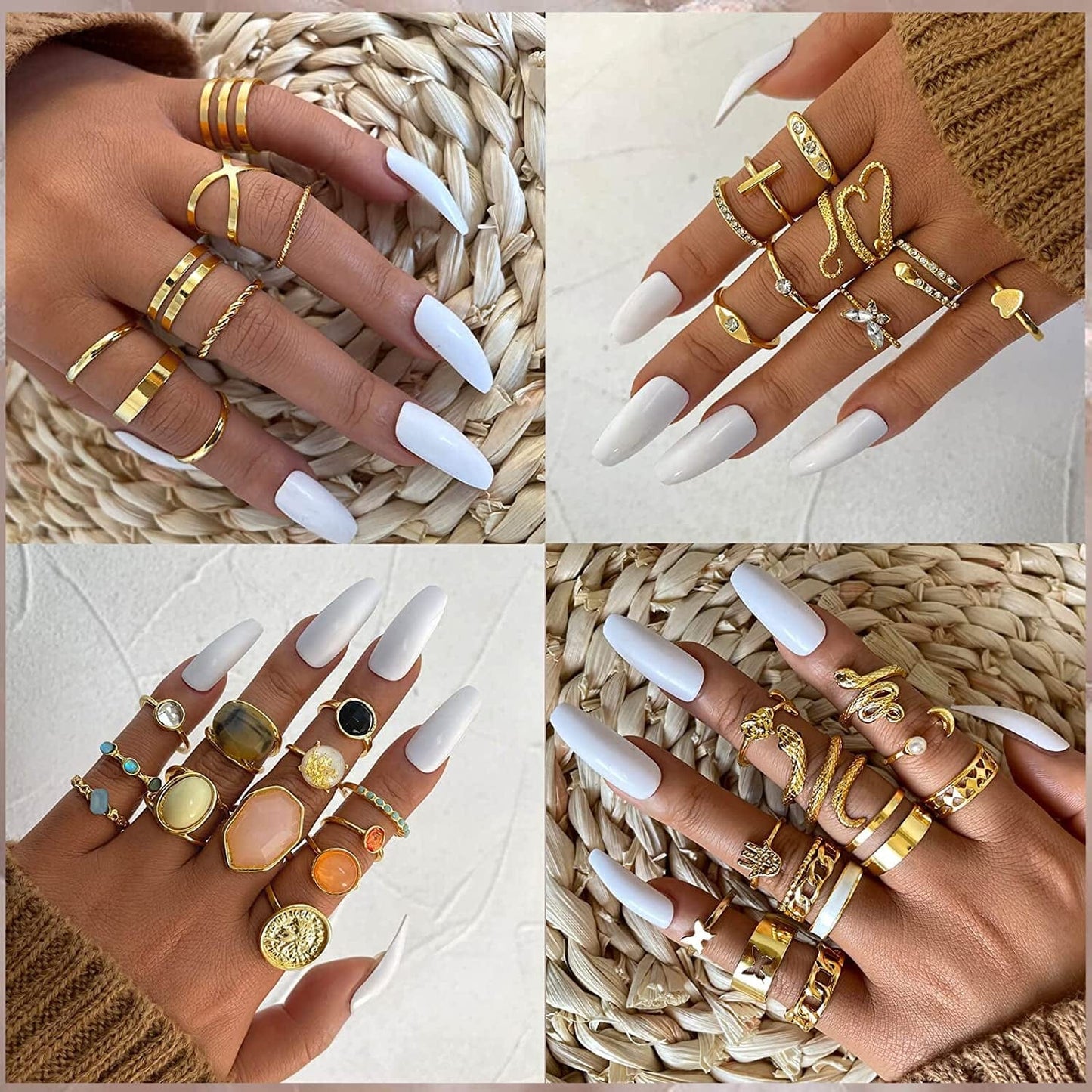 28-60Pcs Gold Ring Sets for Teens Girls, Boho Crystal Women'S Stacking Rings Pack, Stackable Knuckle Finger Mood Rings Sets