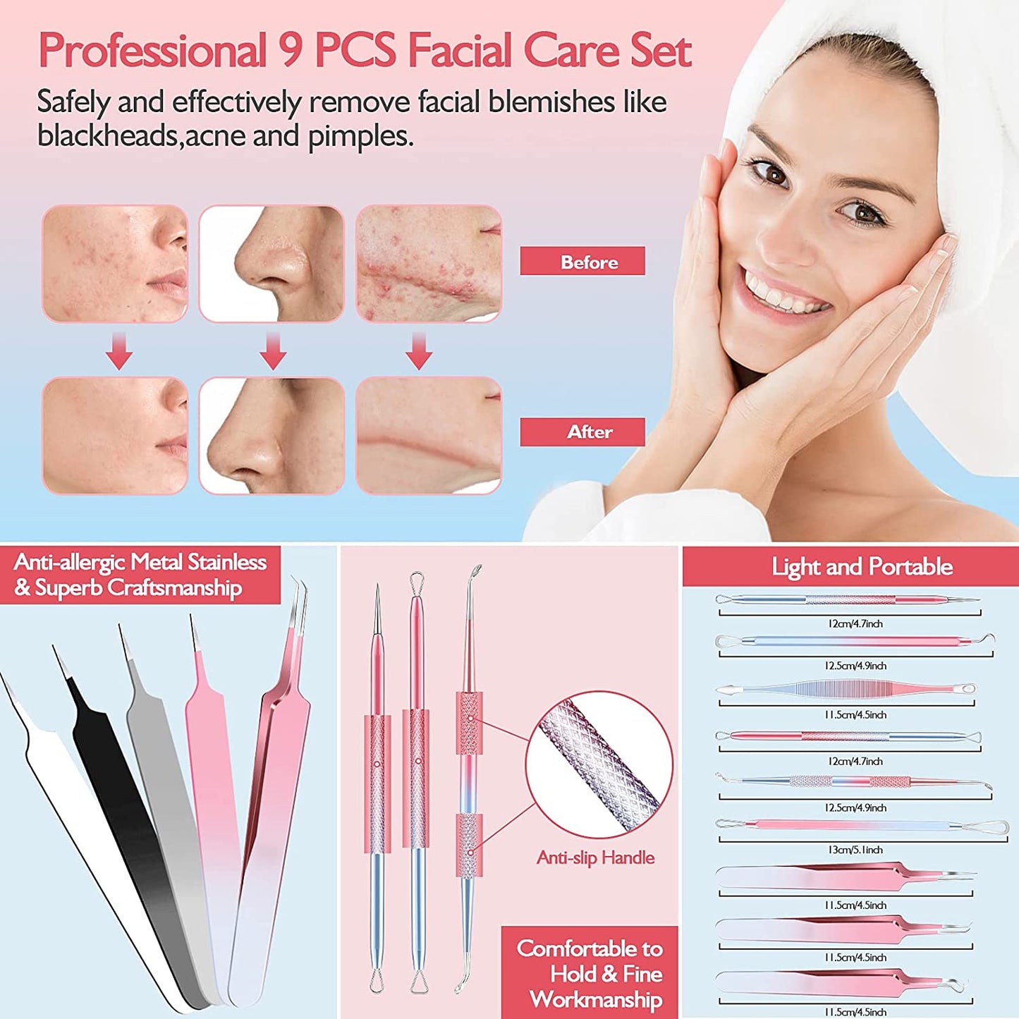 Kresecioo 9 PCS Blackhead Remover Tools, Pimple Popper Tool Kit, Acne Tools Extractor Kit Professional for Nose Face, Blemish Whitehead Zit Popping Tool with Portable Leather Bag(Pink) Health & Beauty > Personal Care > Cosmetics > Cosmetic Tools > Skin Care Tools Kresecioo