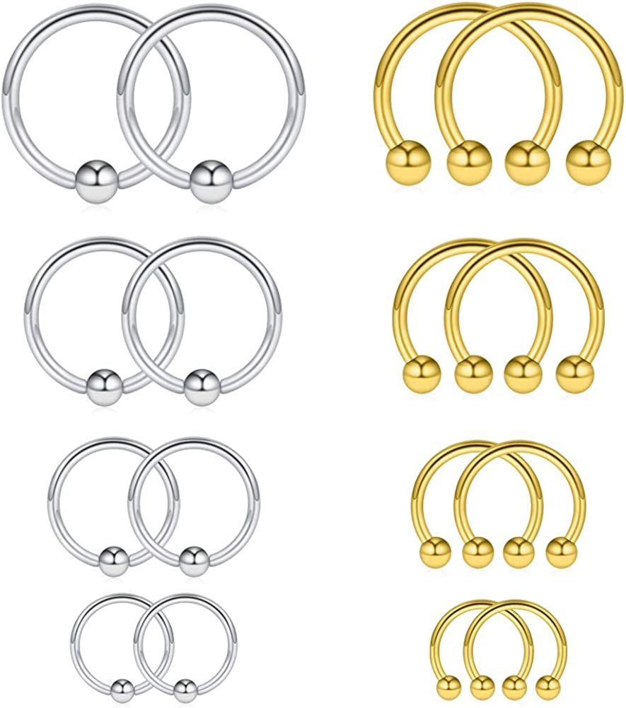 Ruifan 16-24PCS 16G Surgical Steel Horseshoe & Captive Bead Nose Hoop Septum Earring Eyebrow Tongue Lip Nipple Helix Tragus Piercing Jewelry Rings 6-16Mm Apparel & Accessories > Jewelry > Rings Ruifan 16PCS - Silver & Gold