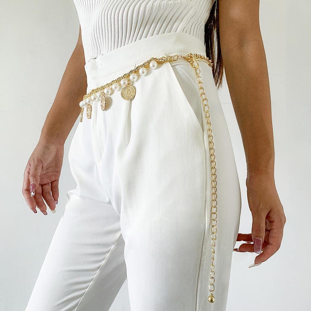 Pearl Tassel Belly Chain Retro Gold Coin Adjustable Chunky Body Chains Layered Nightclub Waist Chain Jewelry for Women & Girls, One Size Apparel & Accessories > Jewelry > Body Jewelry Generic