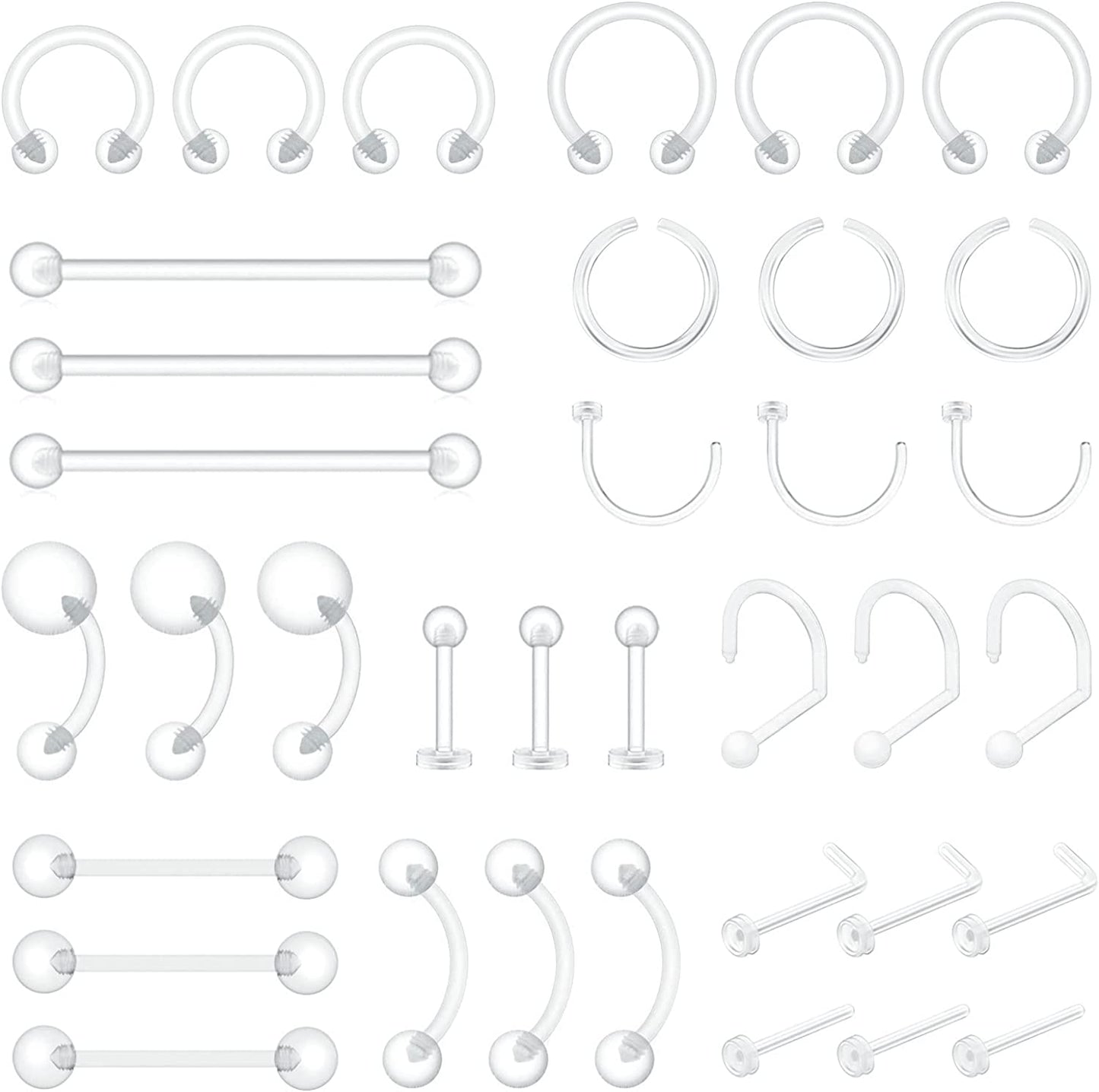 Piercingart 36Pcs Clear Piercing Retainers Bioflex Nose Tongue Nipple Belly Rings Eyebrow Lip Nose Studs Cartilage Tragus Earring Retainer Industrial Bar Plastic Piercing Jewelry for Surgery Apparel & Accessories > Jewelry > Body Jewelry PiercingArt 36 Pcs Mix Style-nose stud and ring