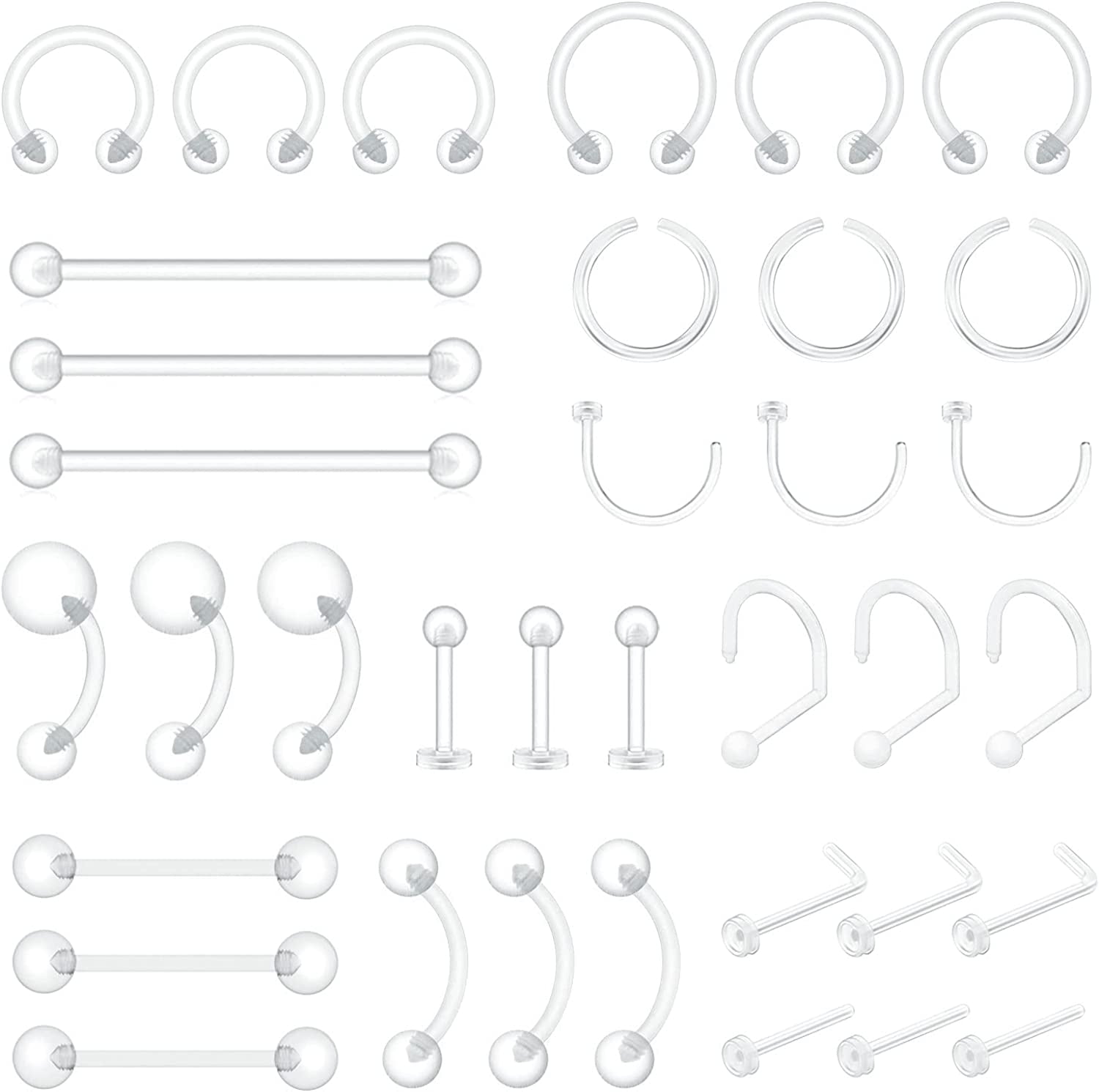 Piercingart 36Pcs Clear Piercing Retainers Bioflex Nose Tongue Nipple Belly Rings Eyebrow Lip Nose Studs Cartilage Tragus Earring Retainer Industrial Bar Plastic Piercing Jewelry for Surgery Apparel & Accessories > Jewelry > Body Jewelry PiercingArt 36 Pcs Mix Style-nose stud and ring