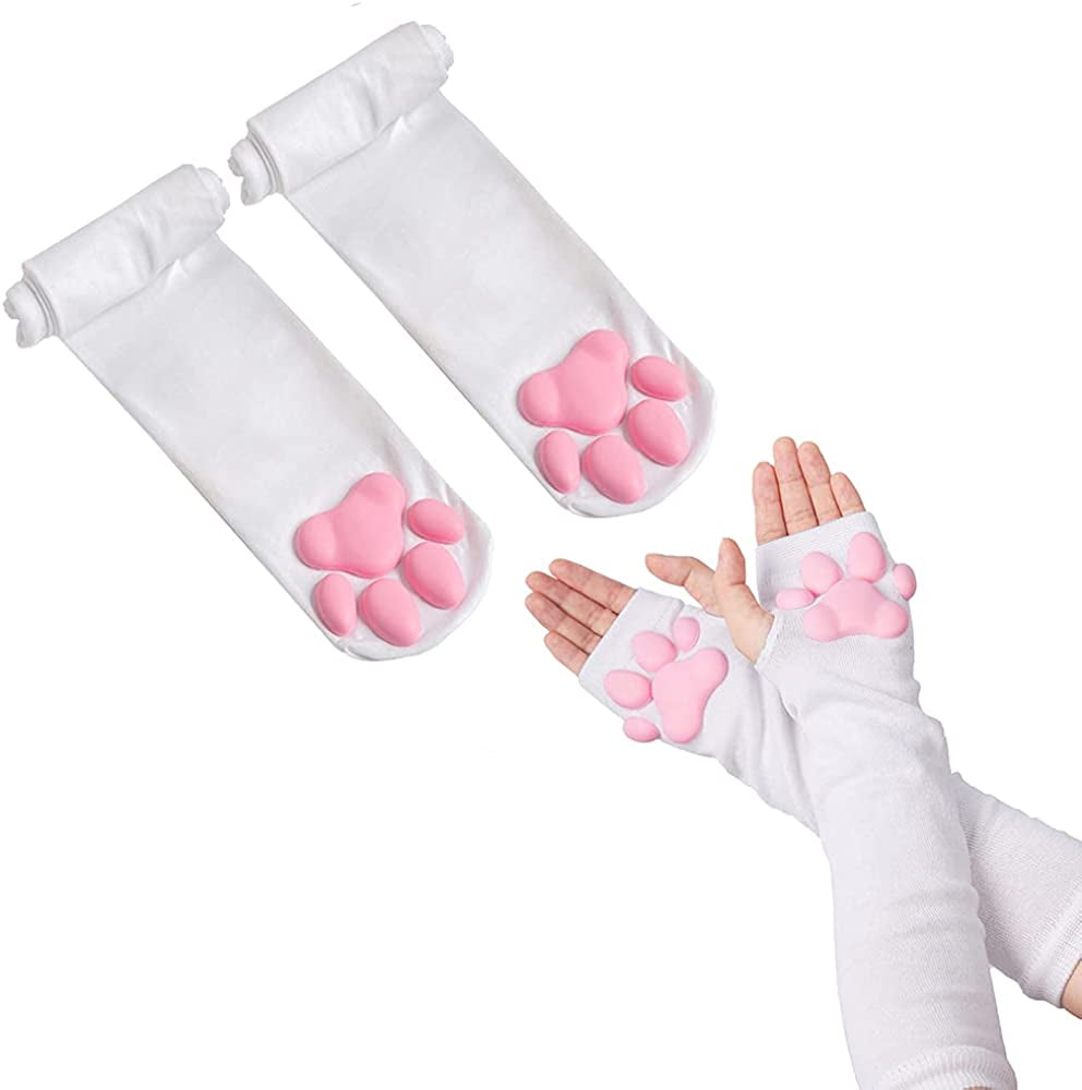 Cute Cat Paw Mittens Gloves, Kawaii Cat Cosplay Kawaii Soft 3D Toes Beans Fingerless Cat Claw Paws Pad Sleeve Apparel & Accessories > Clothing Accessories > Gloves & Mittens HOMEGYMFREE White Socks+long Gloves