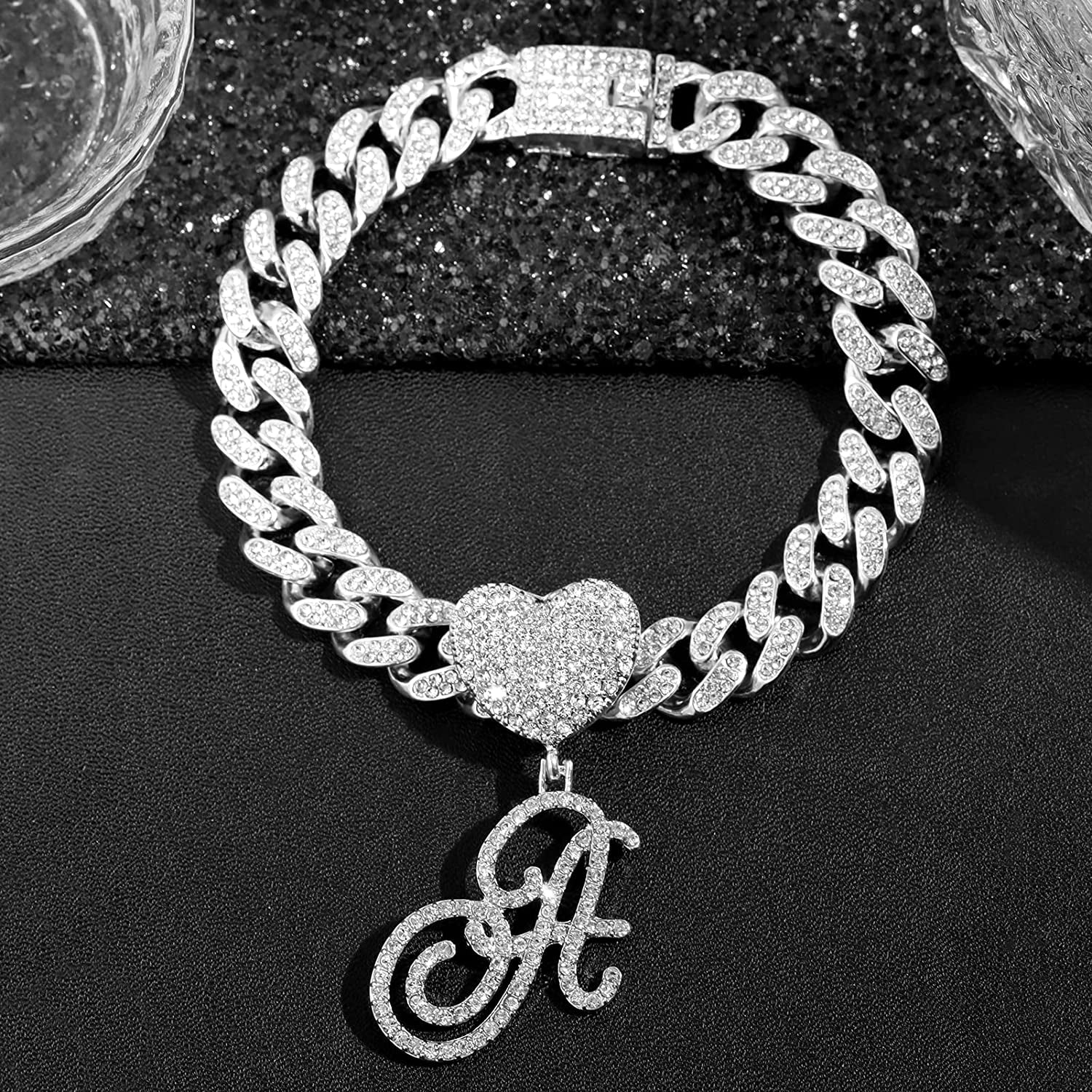 KKJTDS 13Mm Silver Cuban Link Anklets for Women Cursive Pendant Miami Cuban Link Chain Ankle Bracelets for Women Hip Hop Iced Out Letter Chain Anklet Apparel & Accessories > Jewelry > Anklets KKJTDS