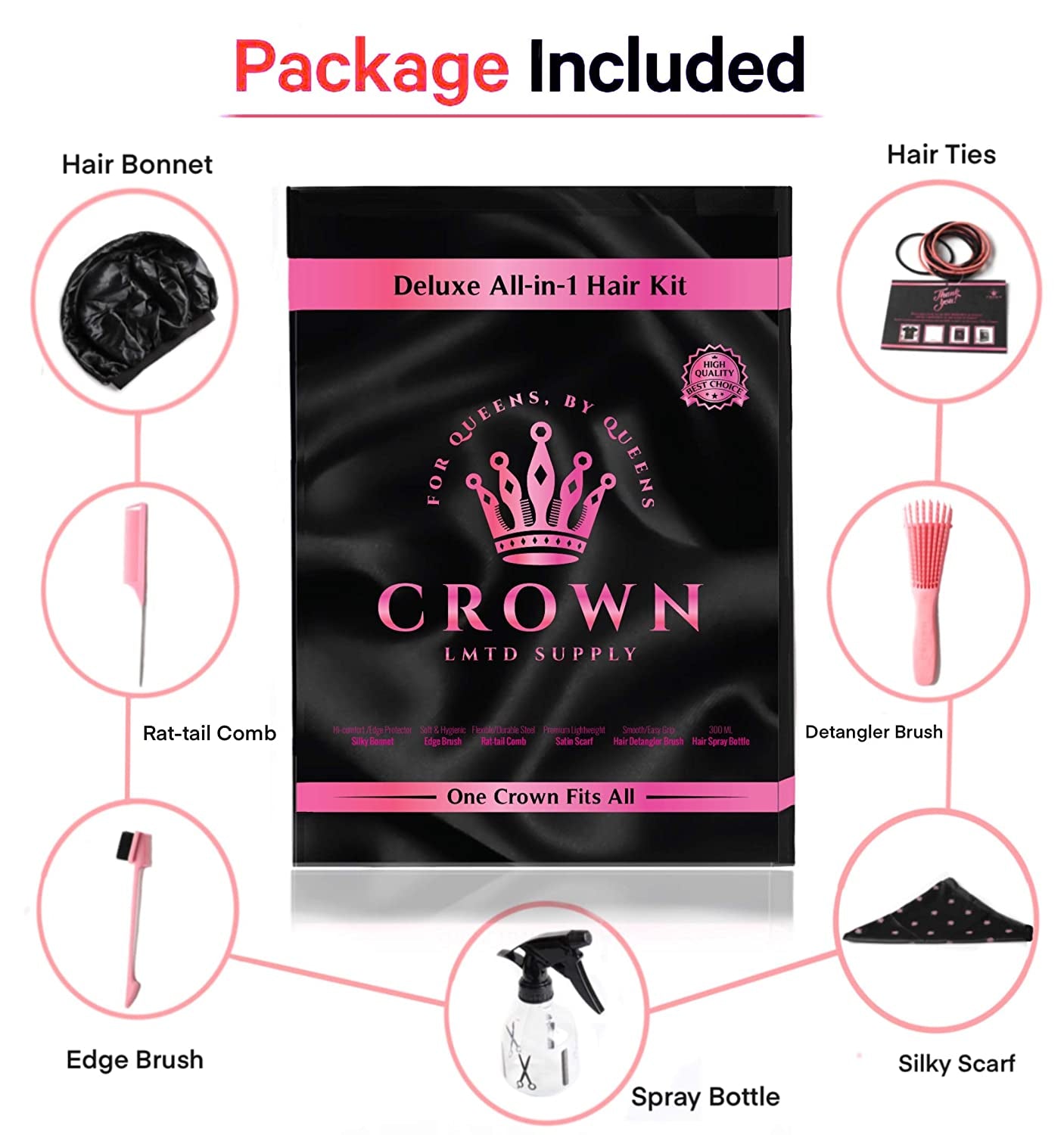 Queen Box Deluxe Womens -7 in 1 Hair Care Kit: Detangler Brush, Bonnet, Rat Tail Comb, Silky Scarf, Spray Bottle and BONUS Hair Ties. for Afro Curly & Straight Hair Health & Beauty > Personal Care > Hair Care Crown Quality