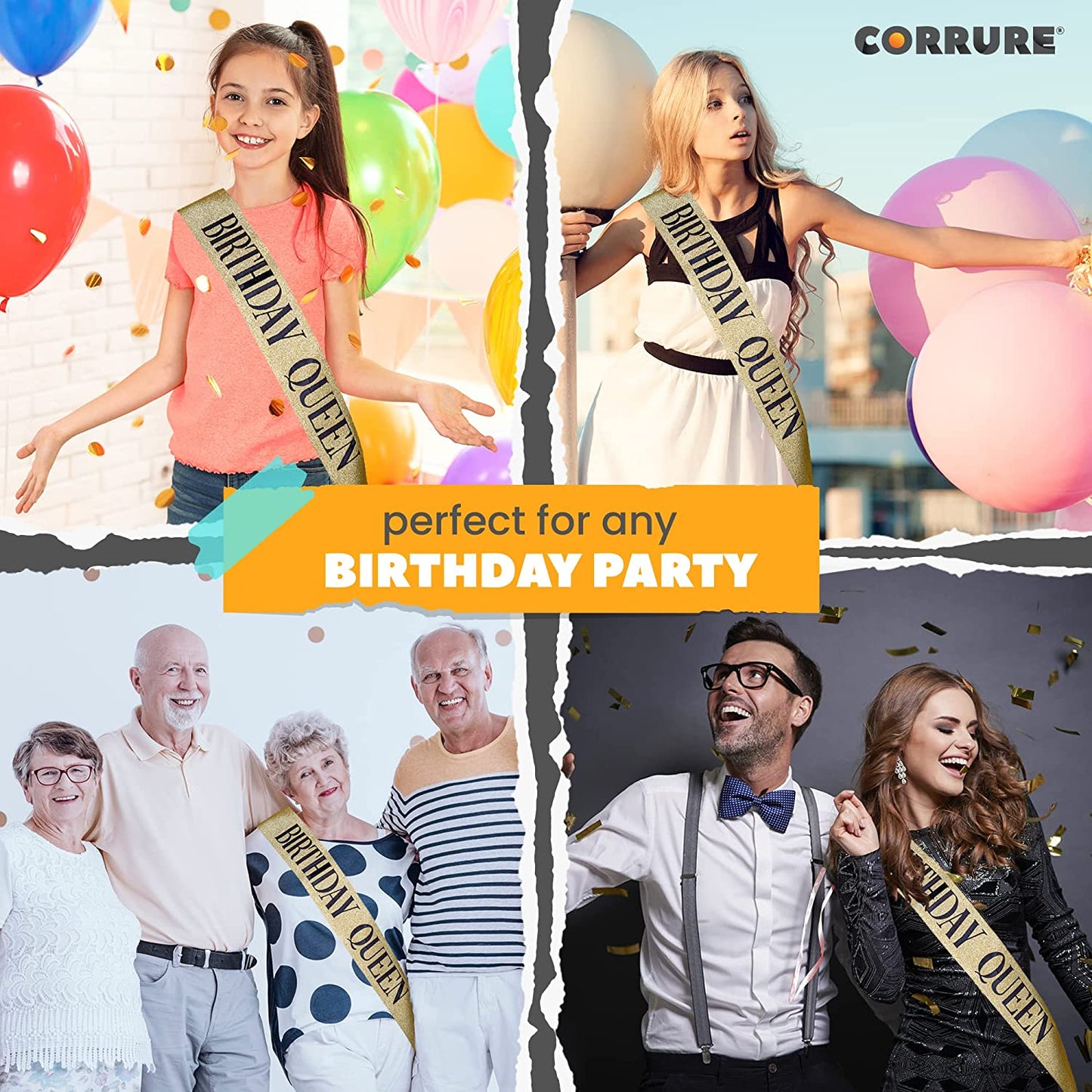 CORRURE 'Birthday Queen' Sash Glitter with Black Foil - Gold Glitter Happy Birthday Sash for Women - Party Favors Supplies and Decorations for Sweet 16, 18Th 21St 30Th 40Th or Any Bday Party Apparel & Accessories > Clothing Accessories > Sashes Pego Brands General