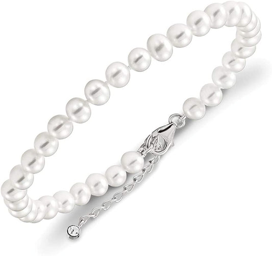 Solid 925 Sterling Silver 6-7Mm Freshwater Cultured Pearl and CZ Cubic Zirconia 2In Ext Anklet Apparel & Accessories > Jewelry > Anklets Sonia Jewels