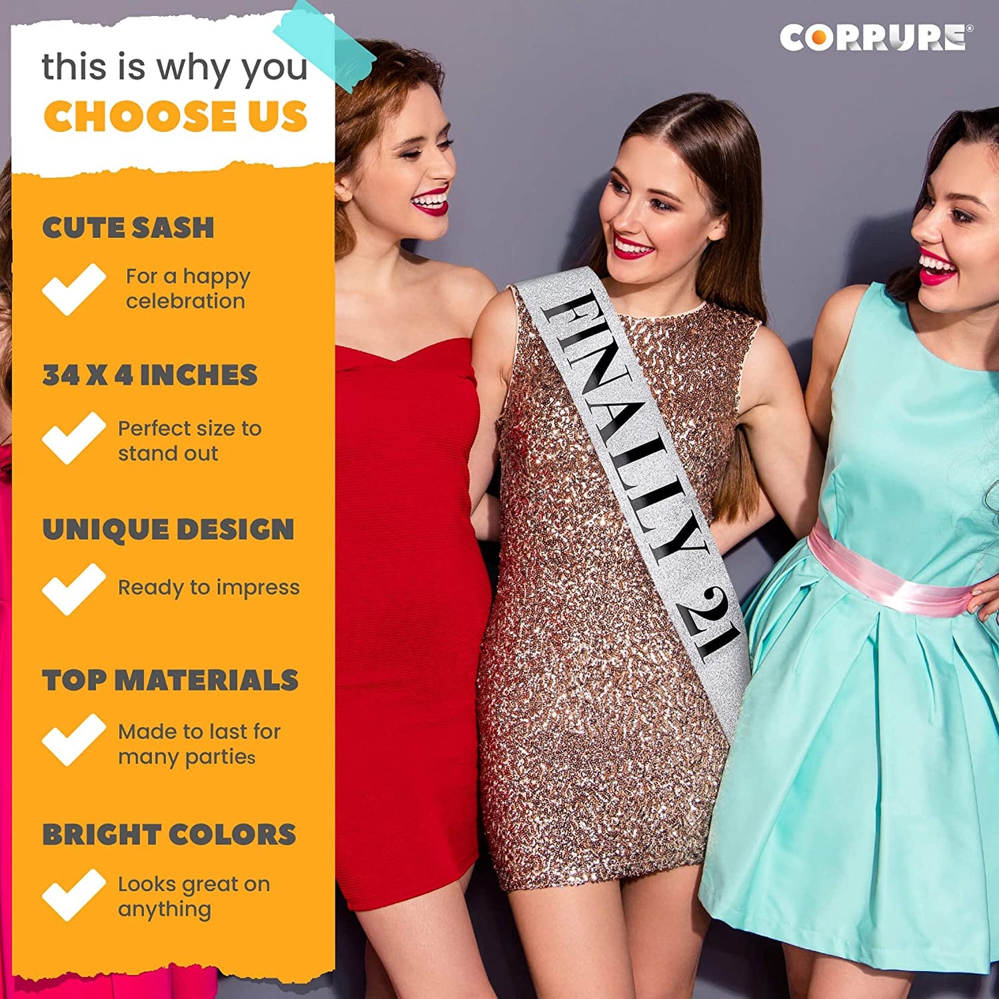 CORRURE 'Finally 21' Birthday Sash with Glitter - Silver Sash with Black Foil 21St Birthday Sash for Men and Women - Ideal Twenty One Sash Party Favors Supplies and Decorations for Your 21 Bday Party Apparel & Accessories > Clothing Accessories > Sashes CORRURE