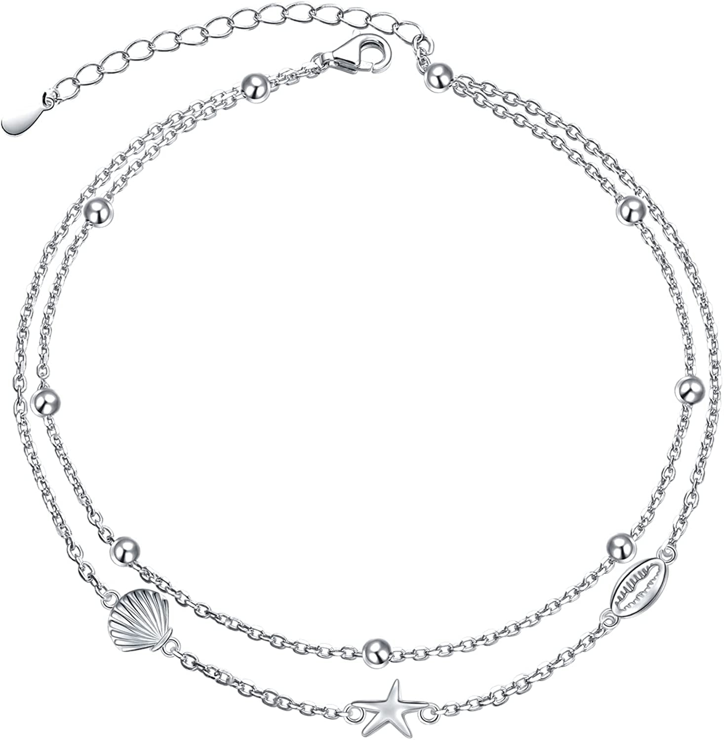 Flyow Anklet for Women S925 Sterling Silver Adjustable Foot Beaded Heart Charm Ankle Bracelet Anklets Jewelry Apparel & Accessories > Jewelry > Anklets FLYOW starfish&shell