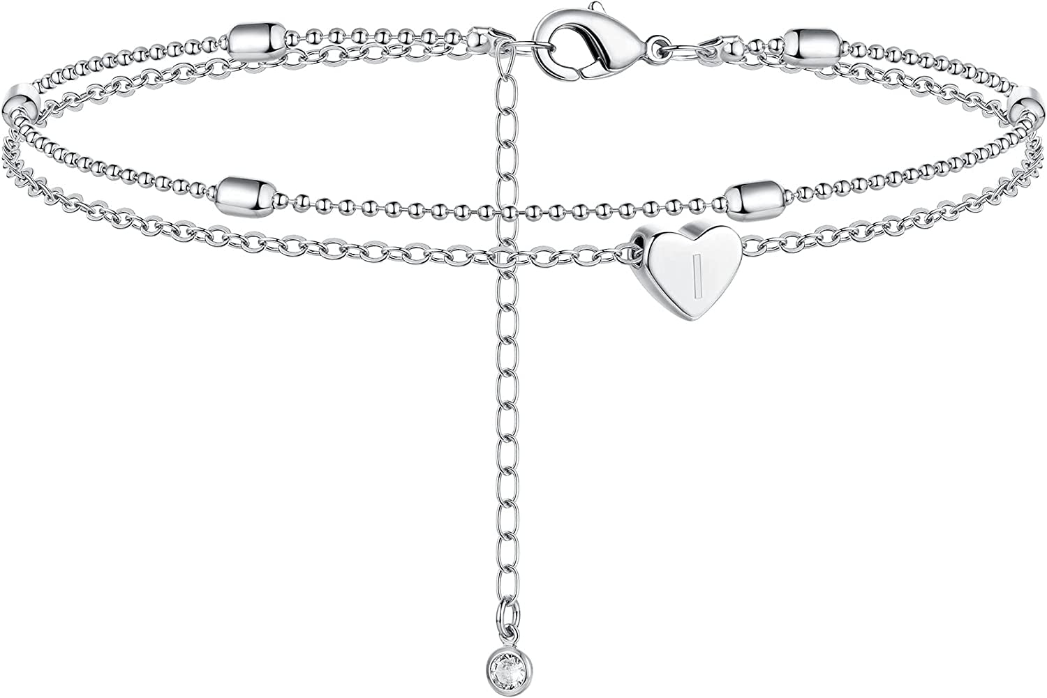 Moodear Silver Ankle Bracelets for Women, Sterling Silver Initial Anklet Layered Dainty Tiny Heart Charm Handmade Carved Alphabet A-Z Letter Ankle Bracelet Beaded Foot Chain Personalized Name Anklets Summer Cute Boho Beach Gift for Her Apparel & Accessories > Jewelry > Anklets Moodear Sterling Silver-I