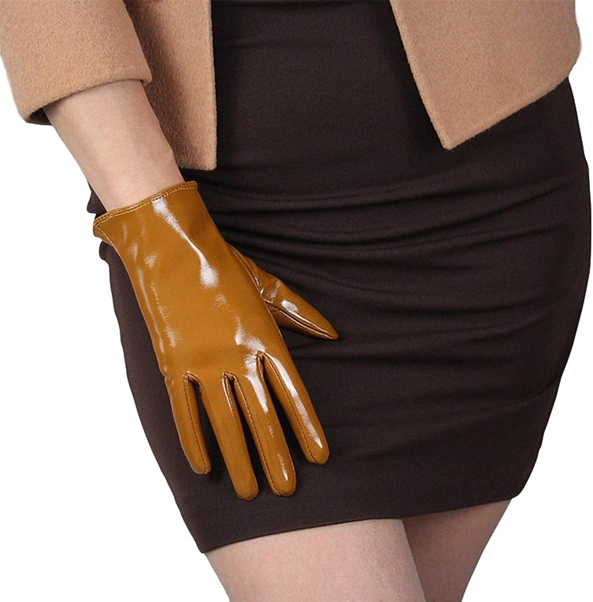 Dooway Women'S Short Dress Leather Gloves for Evening Costumes Daily Faux Leather PU 21Cm Apparel & Accessories > Clothing Accessories > Gloves & Mittens DooWay Yellow Brown