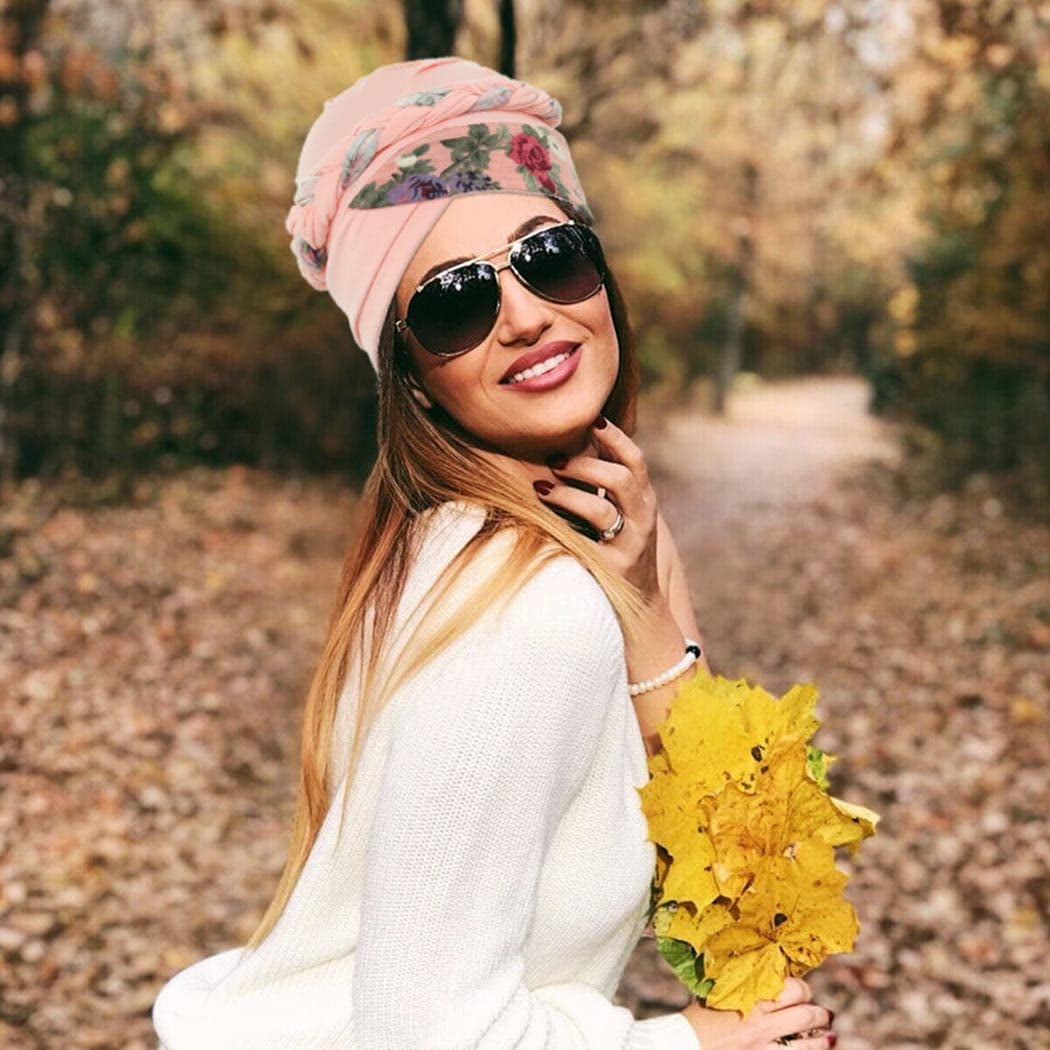 Woeoe African Turban Head Wraps Pink Pattern Braid Head Scarf Flower Print Pre-Tied Head Cover Cap Headwear for Women and Girls(Pack of 2) Apparel & Accessories > Clothing Accessories > Headwear Woeoe