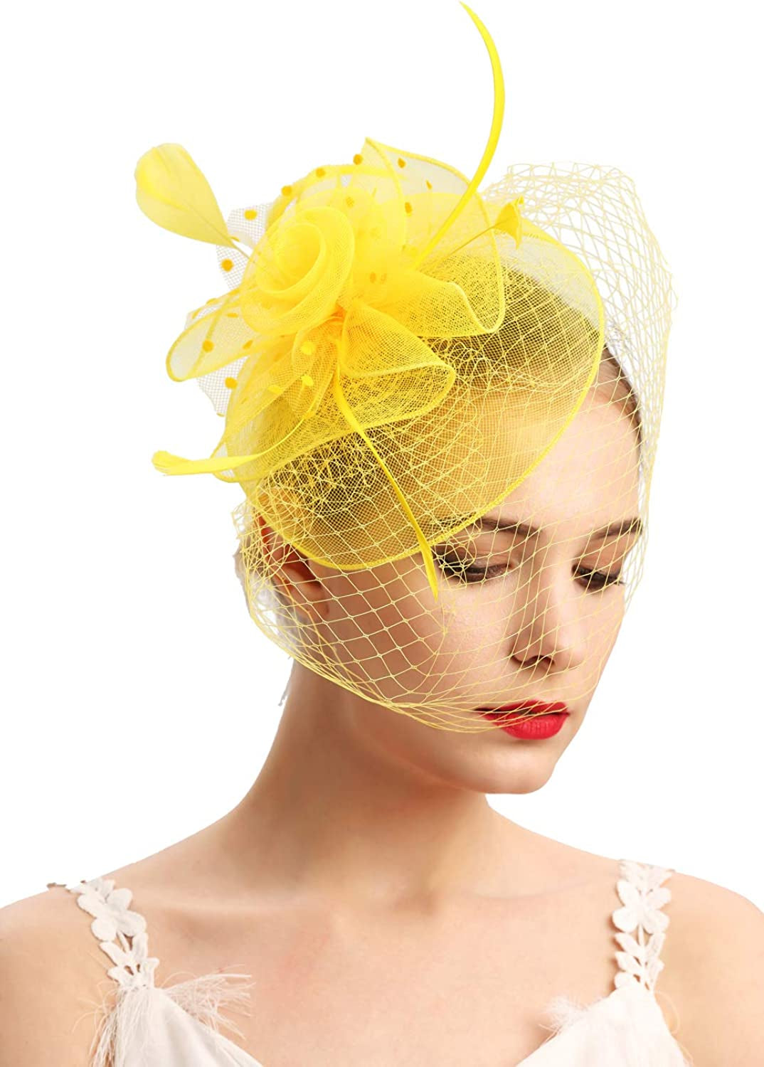 Fascinators Hats 20S 50S Hat Pillbox Hat Cocktail Tea Party Headwear with Veil for Girls and Women Apparel & Accessories > Clothing Accessories > Headwear Cizoe D-yellow