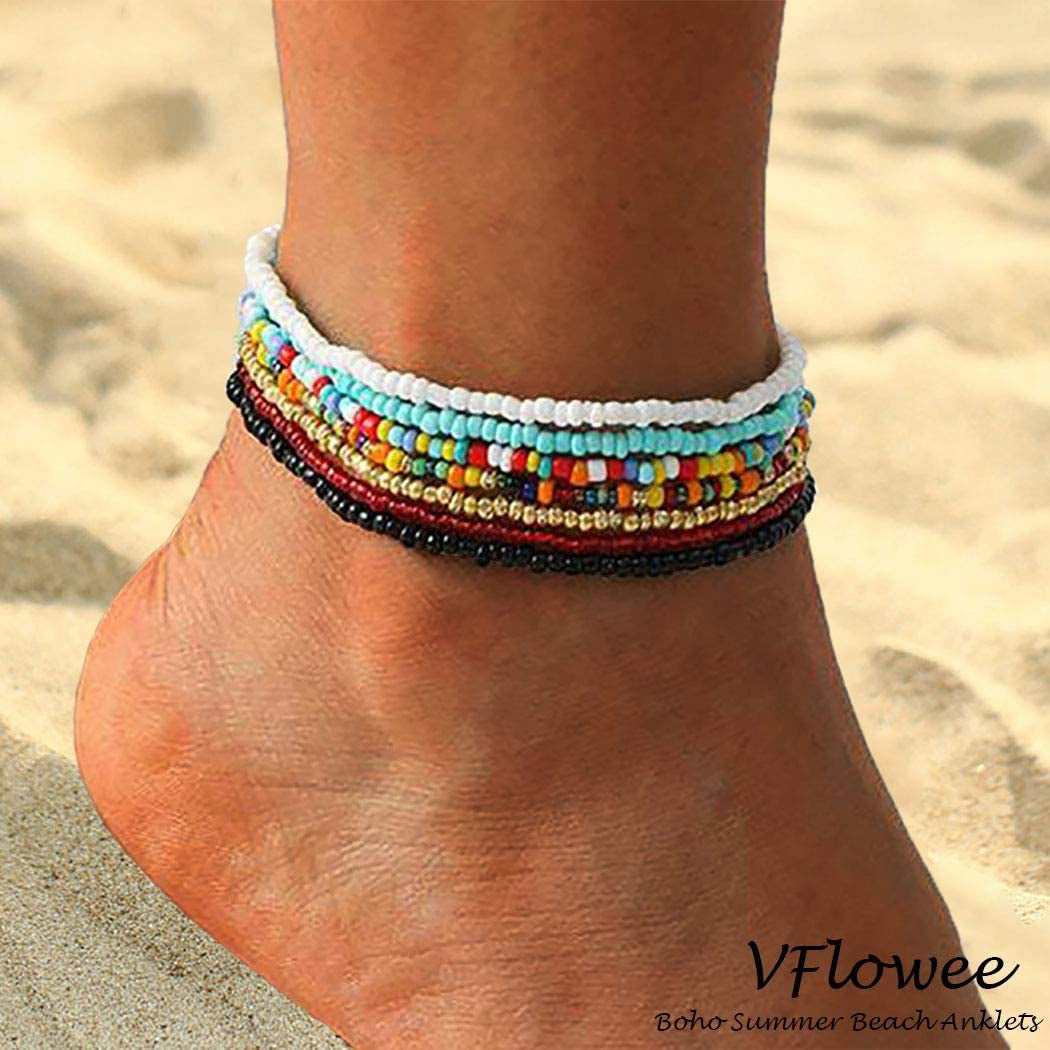 Boho Handmade Beaded African Anklets Multicolor Women Stretch Seed Beads Rainbow Ankle Bracelets Glass Bead Bracelet Elastic Foot and Hand Chain Jewelry (7PCS) Apparel & Accessories > Jewelry > Anklets NEEBAOLY
