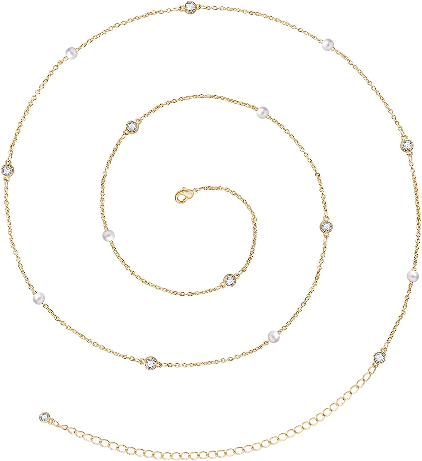 Kissyan Bikini Body Chains for Women, 14K Gold Adjustable Sexy Waist Chain Summer Beach Colorful Cuban Link Pearl Evil Eyes Belly Chain Handmade Jewelry Apparel & Accessories > Jewelry > Body Jewelry KissYan Gold-pearl&cz