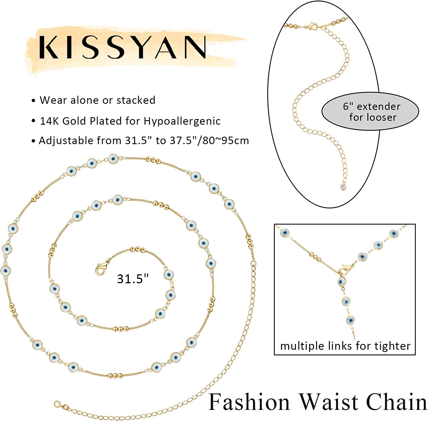 Kissyan Bikini Body Chains for Women, 14K Gold Adjustable Sexy Waist Chain Summer Beach Colorful Cuban Link Pearl Evil Eyes Belly Chain Handmade Jewelry Apparel & Accessories > Jewelry > Body Jewelry KissYan