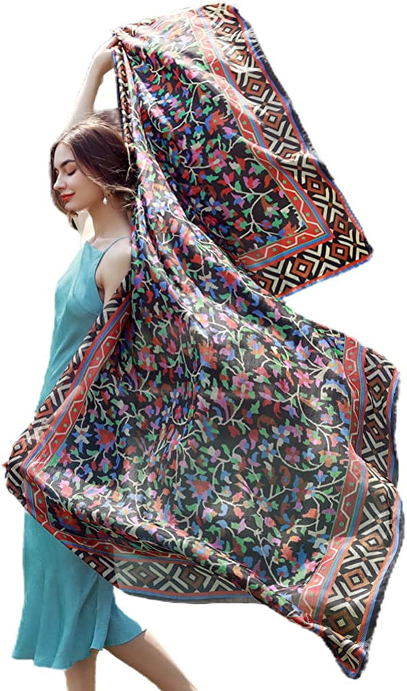 DANA XU Women'S Mulberry Satin Silk Fashion Summer Shawls Large Size Floral Scarf Oversize Soft Wraps for Evening Dresses Apparel & Accessories > Clothing Accessories > Scarves & Shawls DANA XU 22 Black