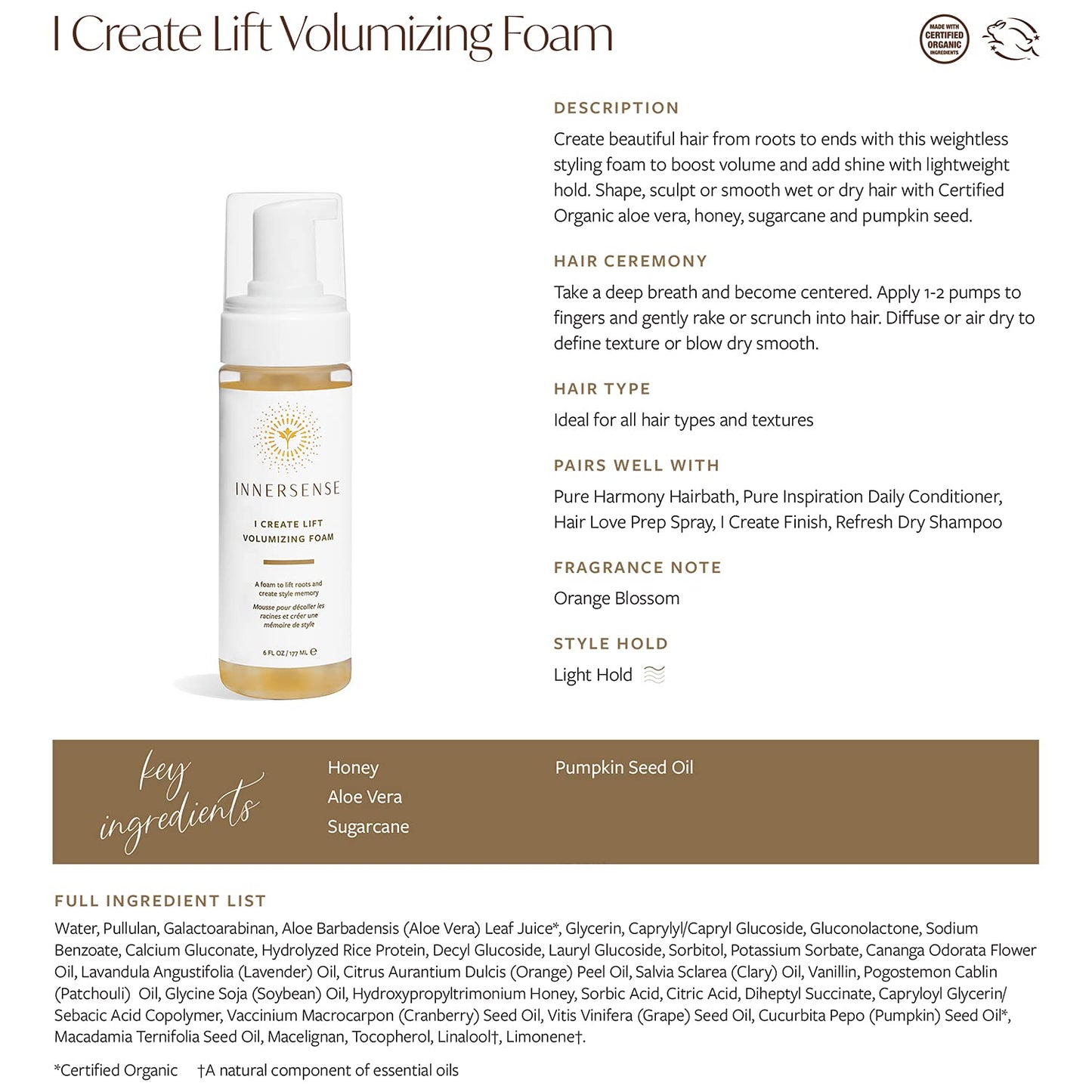 Innersense - Organic I Create Lift Hair Volumizing Foam | Clean, Non-Toxic Haircare (6 Oz) Health & Beauty > Personal Care > Hair Care INNERSENSE