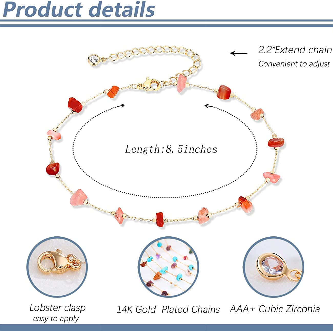 KAERUN Ankle Bracelets for Women Teen Girls Colorful Adjustable Natural Crystal 14K Gold Plated Cute Anklets Summer Beach Foot Chain Jewelry Apparel & Accessories > Jewelry > Anklets KAERUN