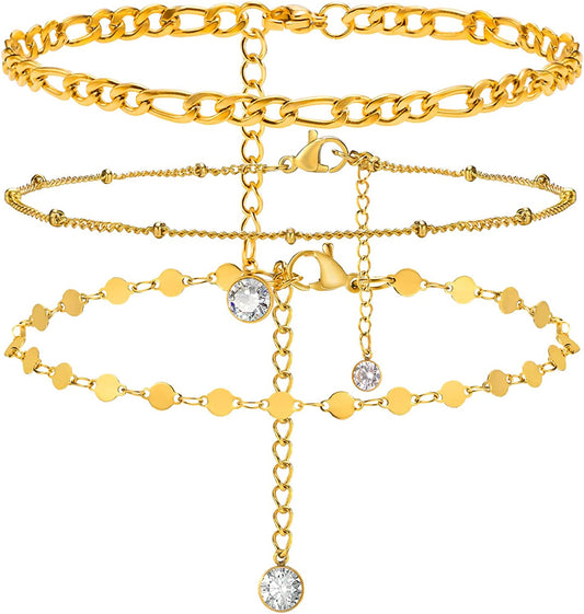 MEALGUET Women Gold Chain Anklet Bracelet : Stylish 18K Gold Plated Stainless Steel Minimalist Boho Style Layered Dainty Ankle Bracelet for Her, Summer Jewelry Gifts for Her Girl Apparel & Accessories > Jewelry > Anklets Mealguet Style C