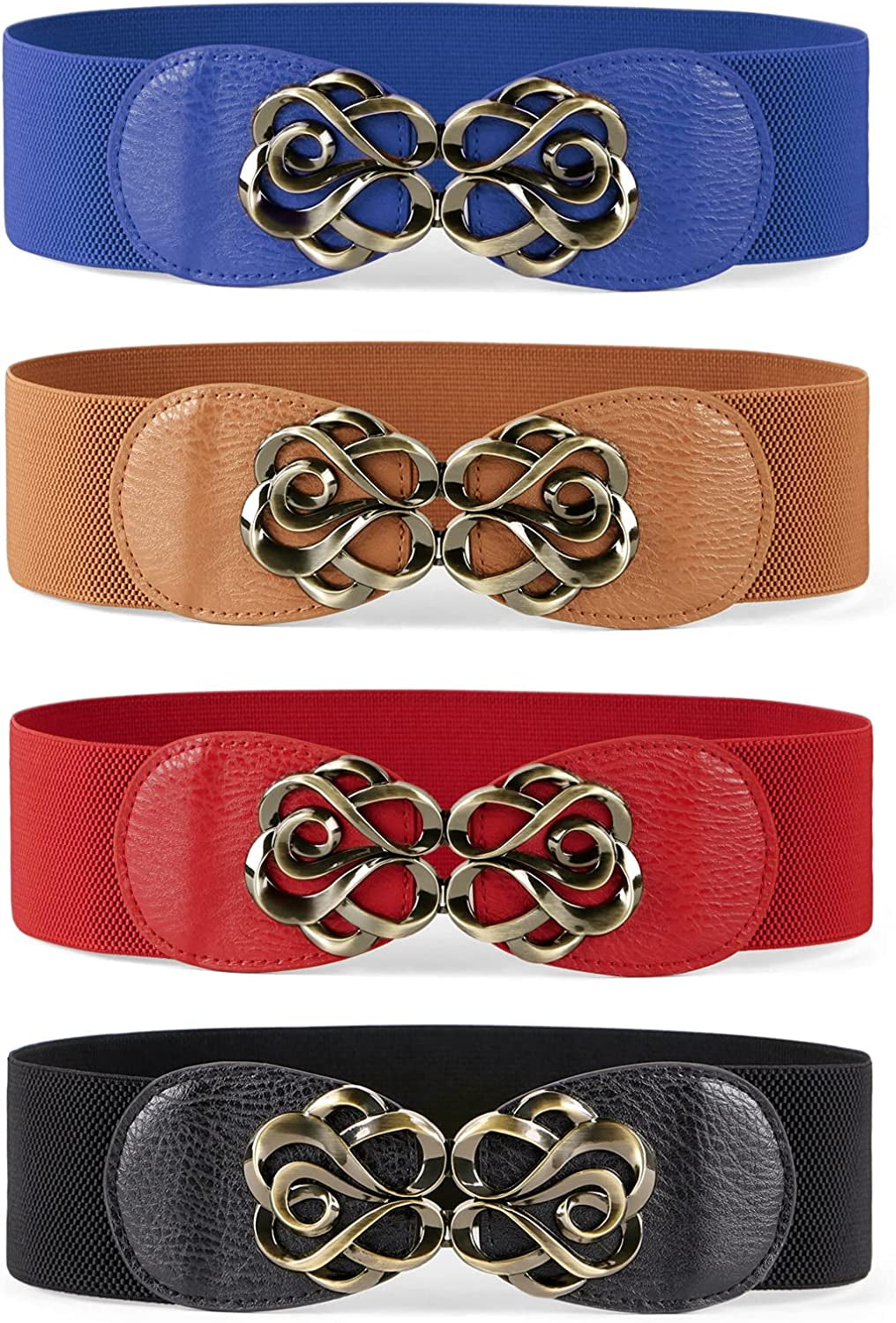 JASGOOD Women Stretchy Belt for Dresses Vintage Elastic Wide Waist Belt Apparel & Accessories > Clothing Accessories > Belts KYLIE MAX G-black+brown+blue+red Suit for waist size 44"-49"