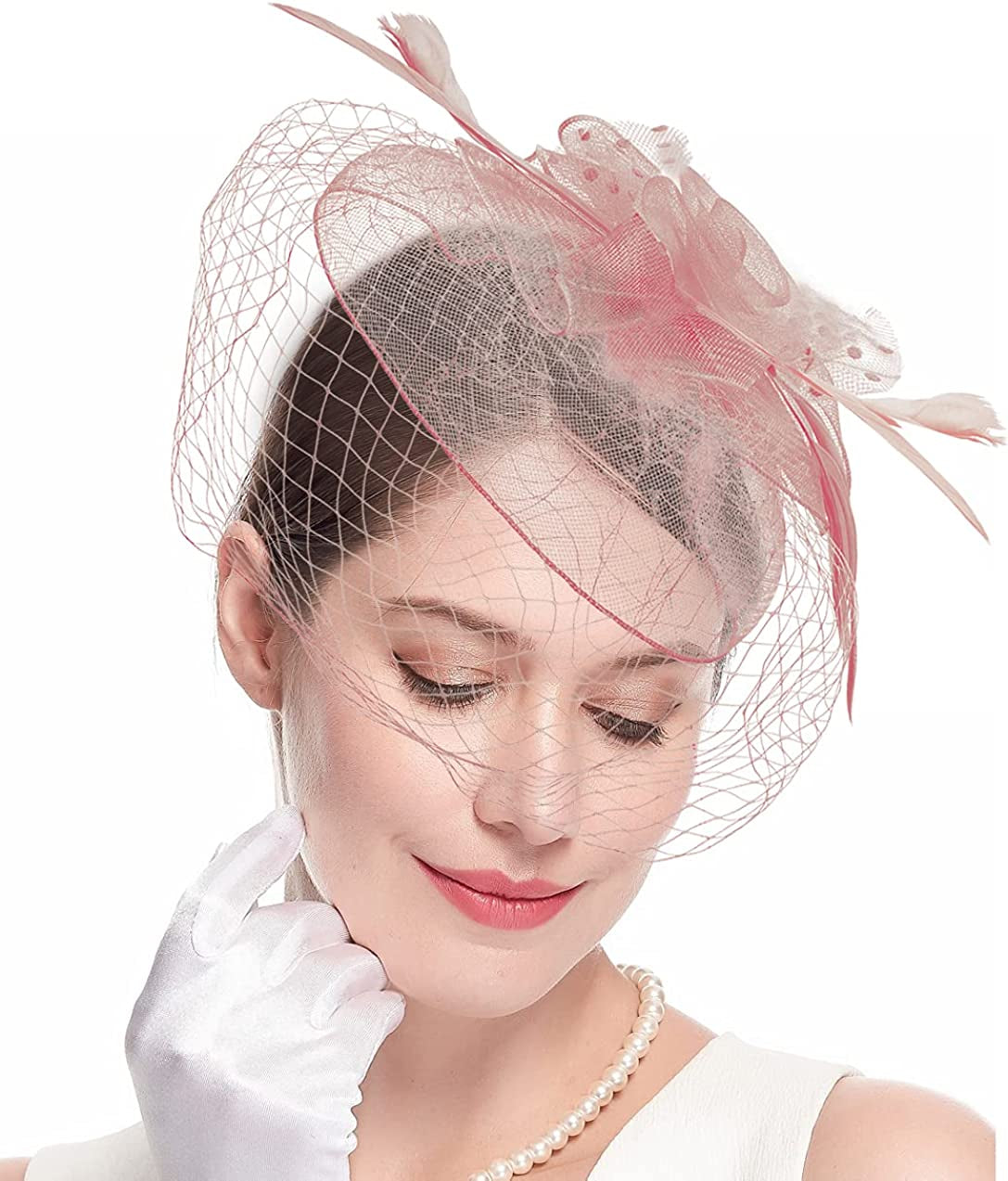 Fascinators Hats 20S 50S Hat Pillbox Hat Cocktail Tea Party Headwear with Veil for Girls and Women Apparel & Accessories > Clothing Accessories > Headwear Cizoe D-blush Pink