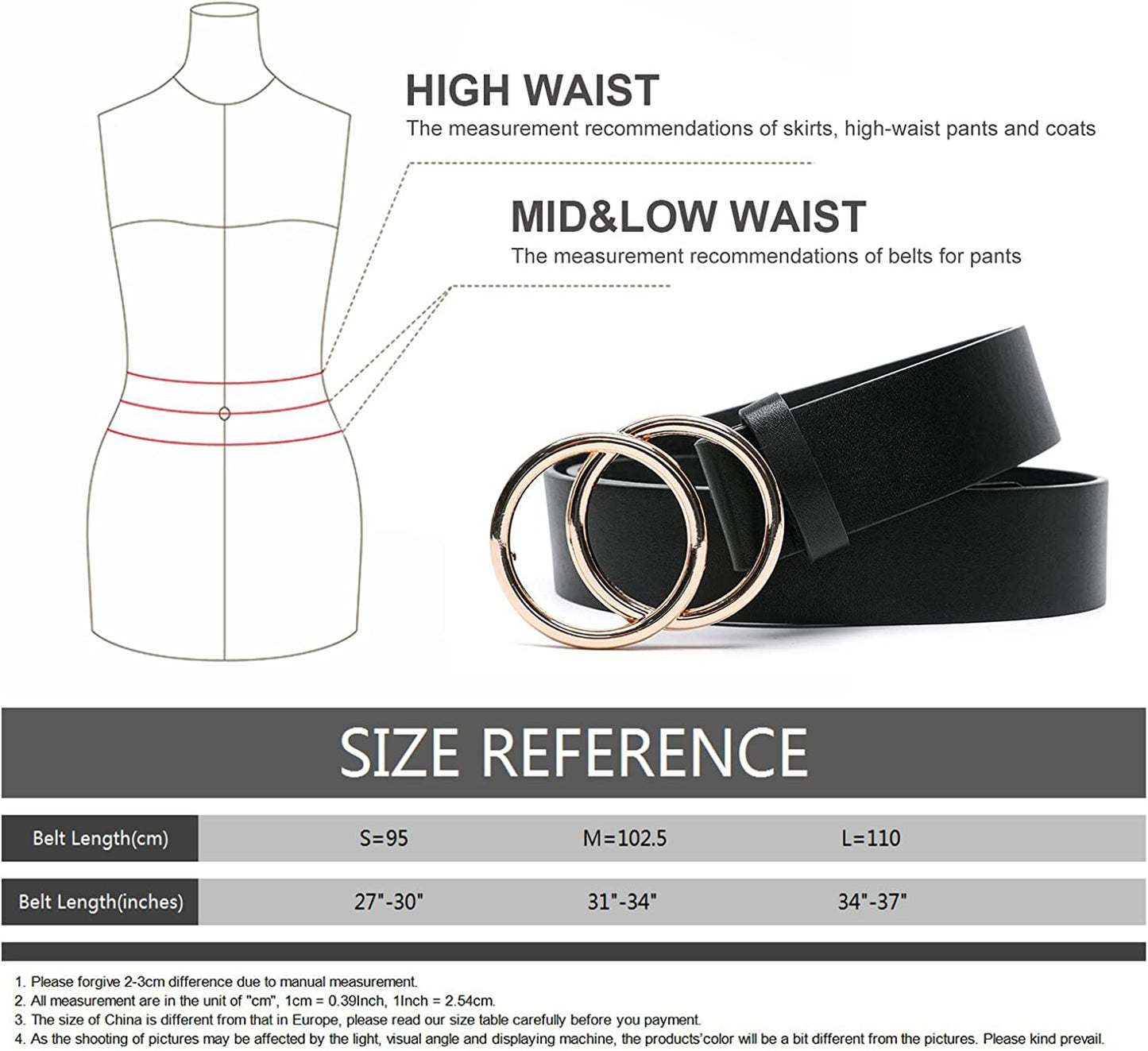 MORELESS 3 Pack Women'S Faux Leather Belts for Jeans Dress Pants, Fashion Waist Belts with Double O-Ring Buckle Apparel & Accessories > Clothing Accessories > Belts MORELESS