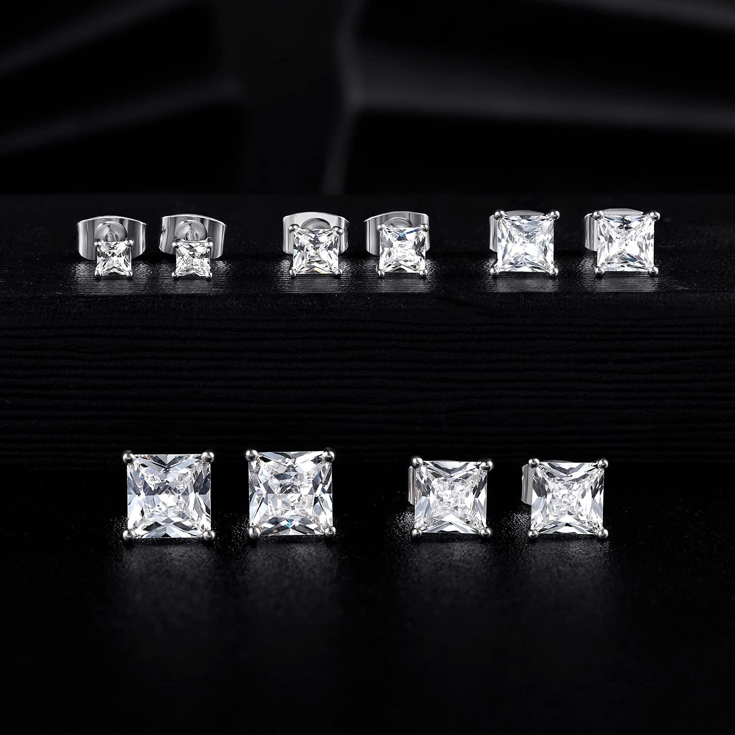 MDFUN 18K White Gold Plated Princess Cut Clear Cubic Zirconia Stud Earring Pack of 5 Pairs Apparel & Accessories > Jewelry > Earrings MDFUN