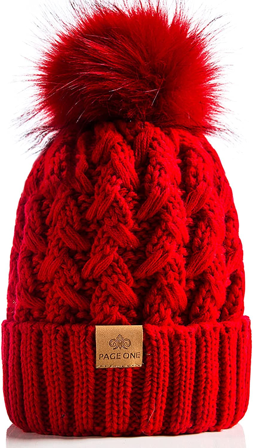 PAGE ONE Womens Winter Ribbed Beanie Crossed Cap Chunky Cable Knit Pompom Soft Warm Hat Apparel & Accessories > Clothing Accessories > Hats PAGE ONE Red