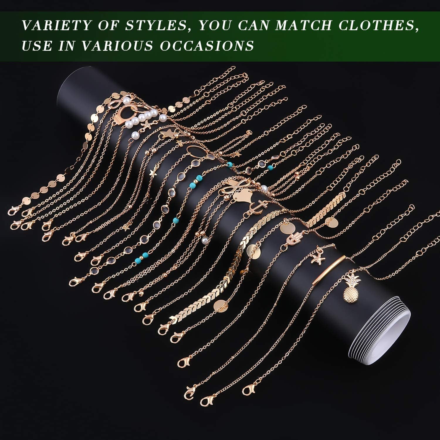 ESRICH 30/40PCS Ankle Bracelets for Women Girls Set, Gold Silver Rose Gold Three Style Jewelry Anklets for Women Beach Jewelry Gifts Adjustable Size Beach Anklet Set Apparel & Accessories > Jewelry > Anklets ESRICH